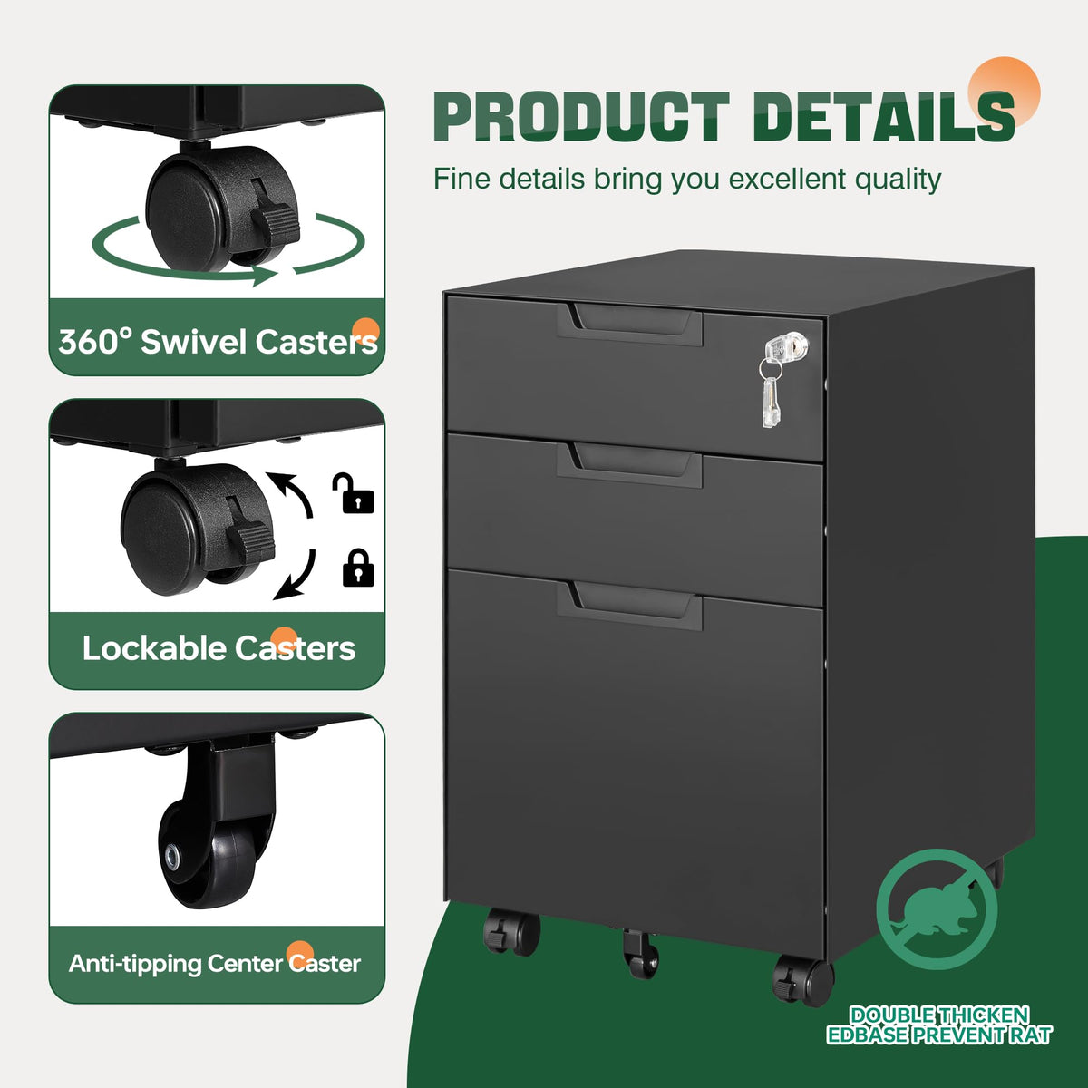 3 Drawer Mobile File Cabinet with Lock,Under Desk Metal Small Filing Cabinets for Home Office Organizer Letters/Legal/A4(Fully Assembled Except Wheels-Black)