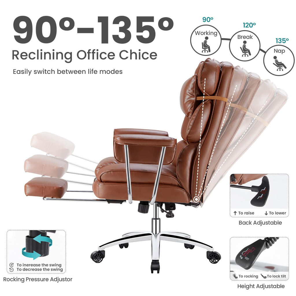 Home Office Desk Chair Comfy with Foot Rest, PU Leather Ergonomic Big and Tall High Back Support, 360° Swivel Wheels, Armrests and Detachable Pillow, Height Adjustable, Brown