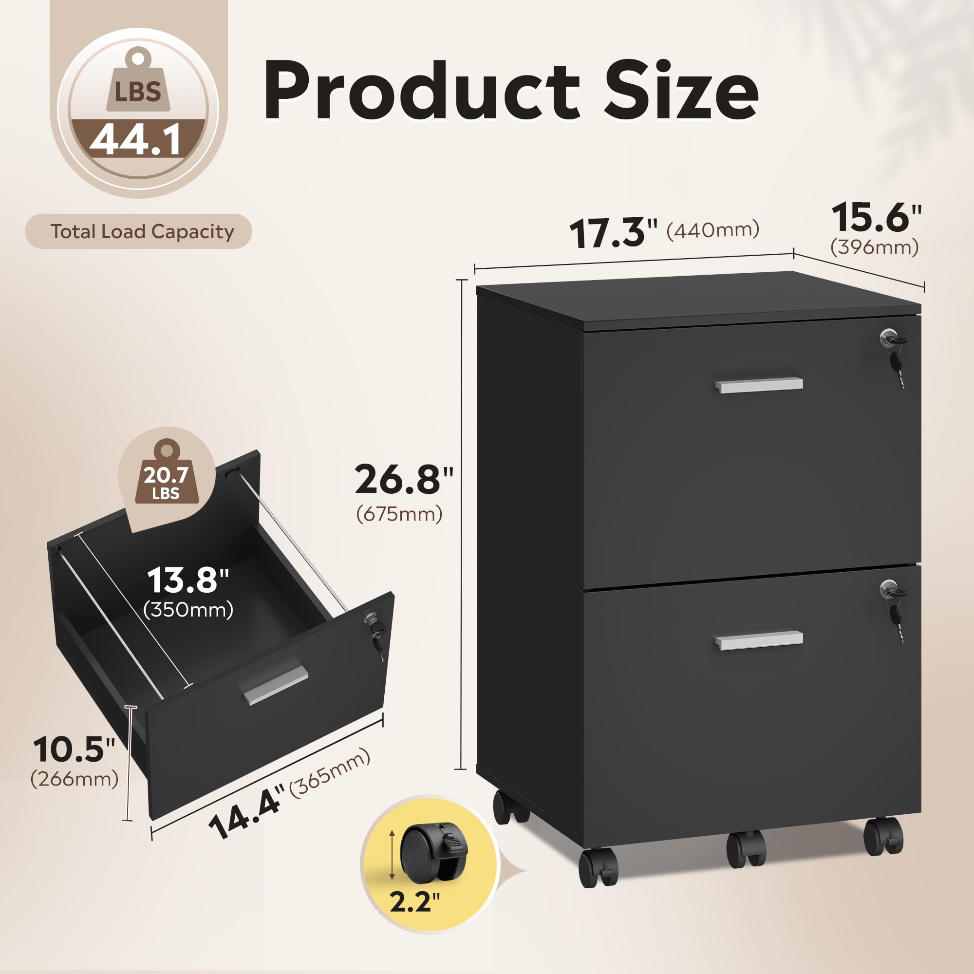 2 Drawer Wood File Cabinet with Lock, Mobile Printer Stand, Black