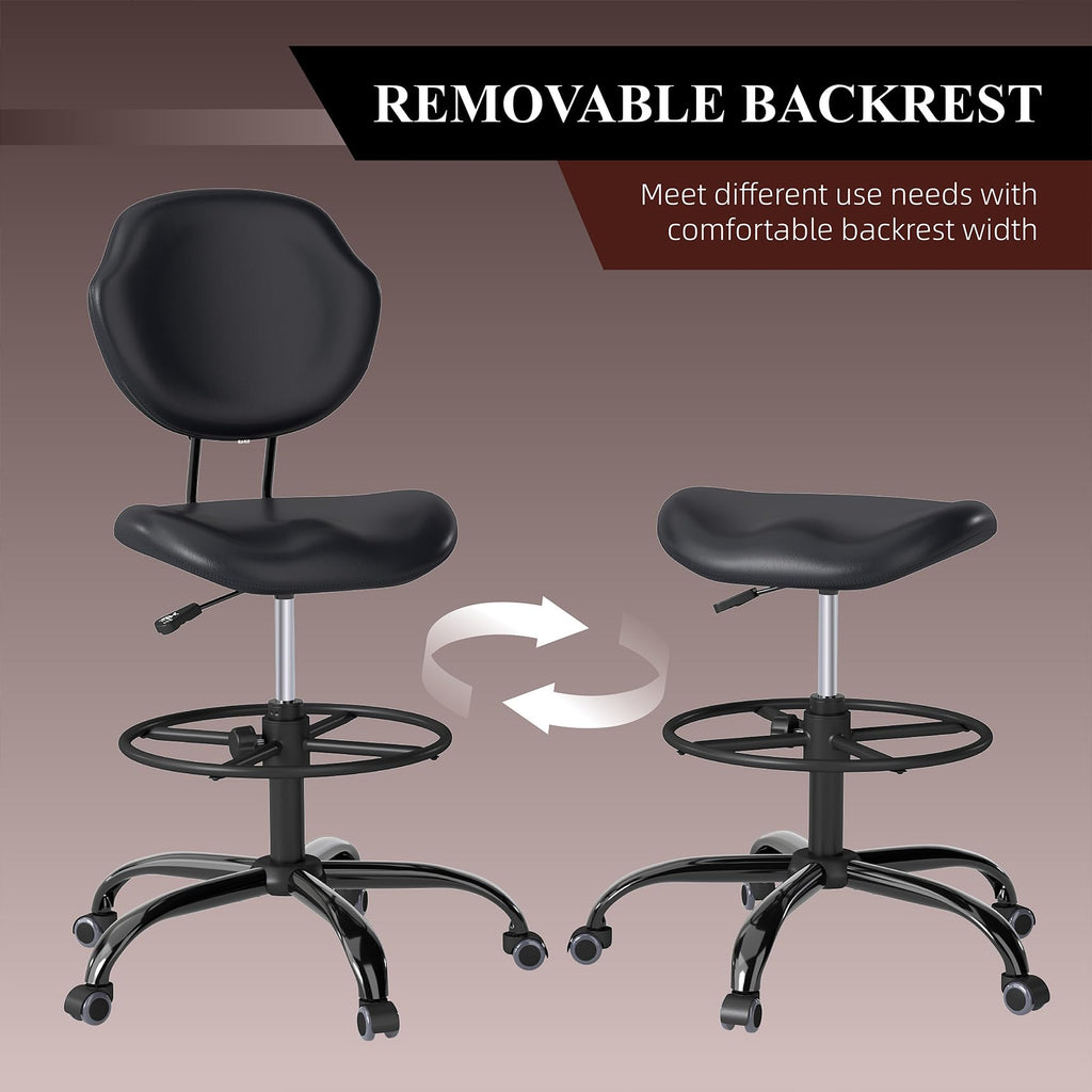 Drafting Chair with Back Support, Tall/High Desk Rolling Stool with Footrest Ring, Faux Leather Office Chair with Height Adjustable for Standing Desk, Home Office, Bar, Workbench & Kitchen(Black)