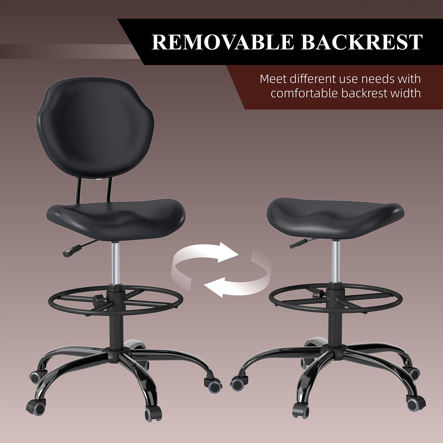 (Black, 6 Pack), Drafting Chair with Back Support, Tall/High Desk Rolling Stool, Faux Leather Office Chair with Height Adjustable for Standing Desk, Home Office, Bar, Workbench & Kitchen