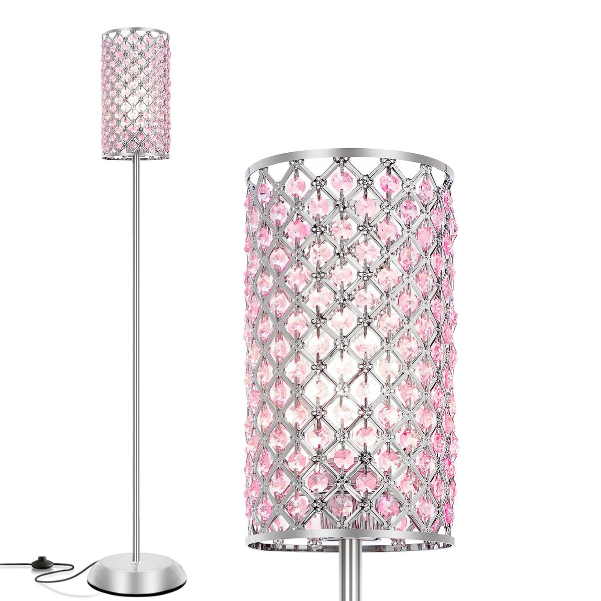 Crystal Floor Lamp for Bedroom, Living Room Pink Floor Lamps Modern Tall Lamp with On/Off Foot Switch Glam Standing Light for Girls Bedroom Minimalism Pole Corner Lamp for Office Dorm Hotel