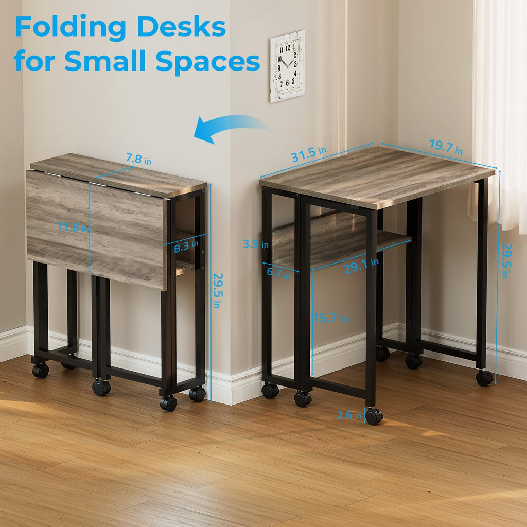 Folding Desk with Wheels, 31.5 Inch Compact Rolling Computer Table with Storage Shelf, Portable Mobile Workstation for Small Spaces, Easy Assembly, Grey Wash