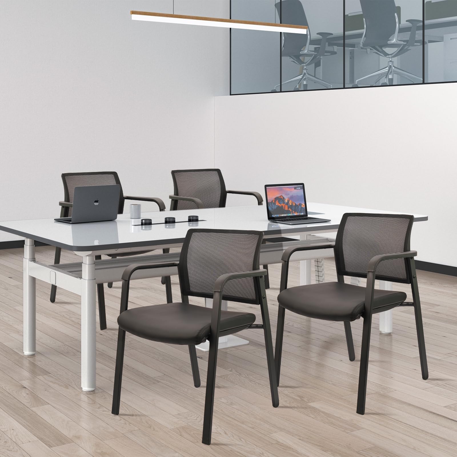 Set of 4, Stackable Office Chair, Mesh Back Guest Chairs with Comfortable Leather Seat Arms Stacking Ergonomic Desk Chair No Wheels for Conference Waiting Reception School Stationary, Black