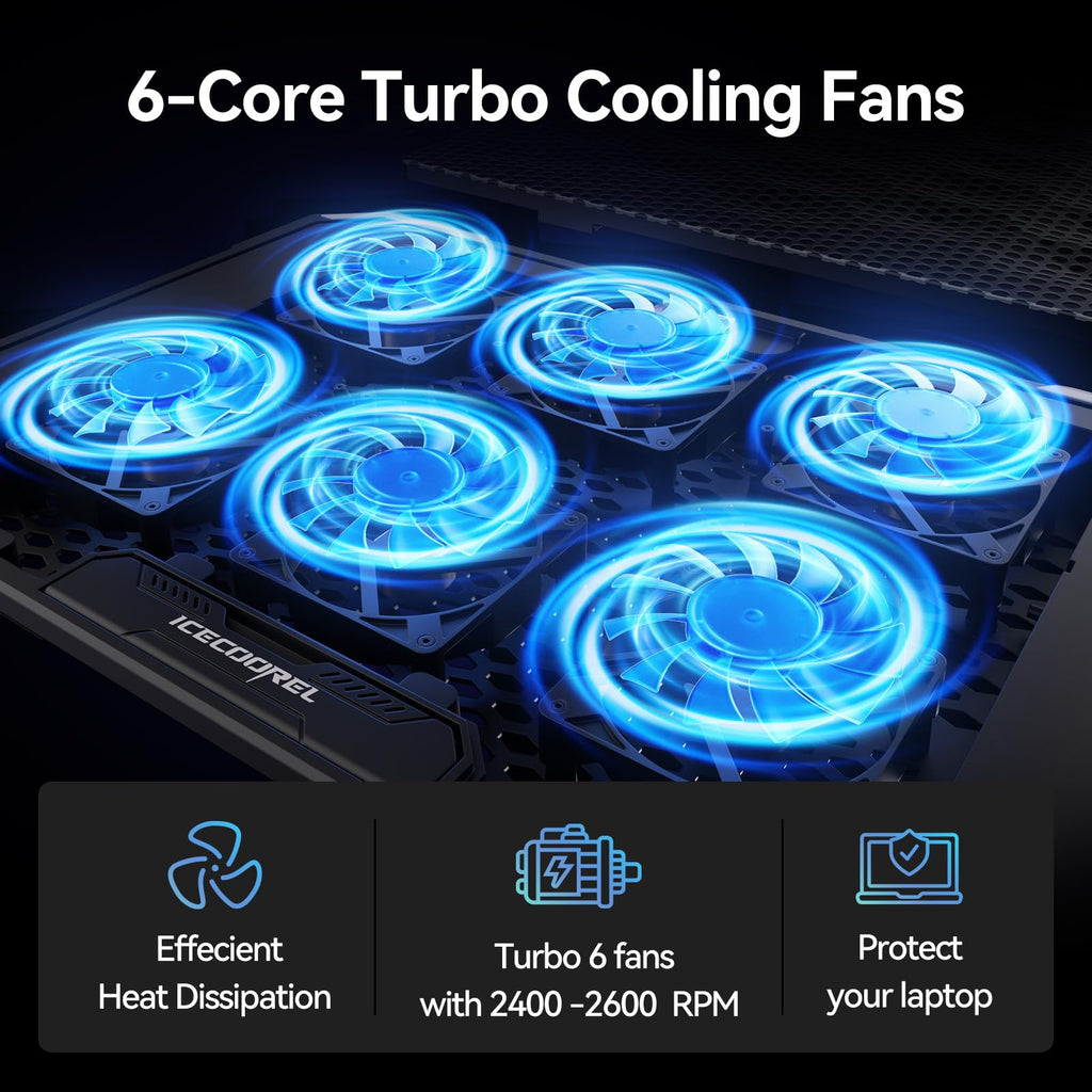 Laptop Cooling Pad with 6 Cooling Fans, Cooling Pad for Laptop Fan 13-15.6 Inch, Laptop Cooler Stand with 6 Height Adjustable, Notebook Cooler Pad with Two USB Port
