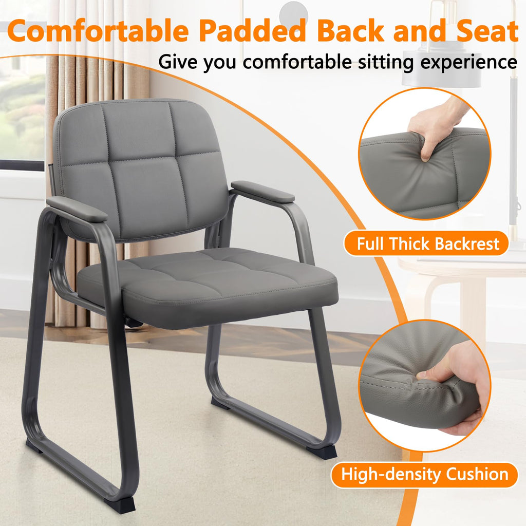 Waiting Room Guest Chair with Bonded Leather Padded Arm Rest for Office Reception and Conference Desk Black with Sled Base Grey 1Pack