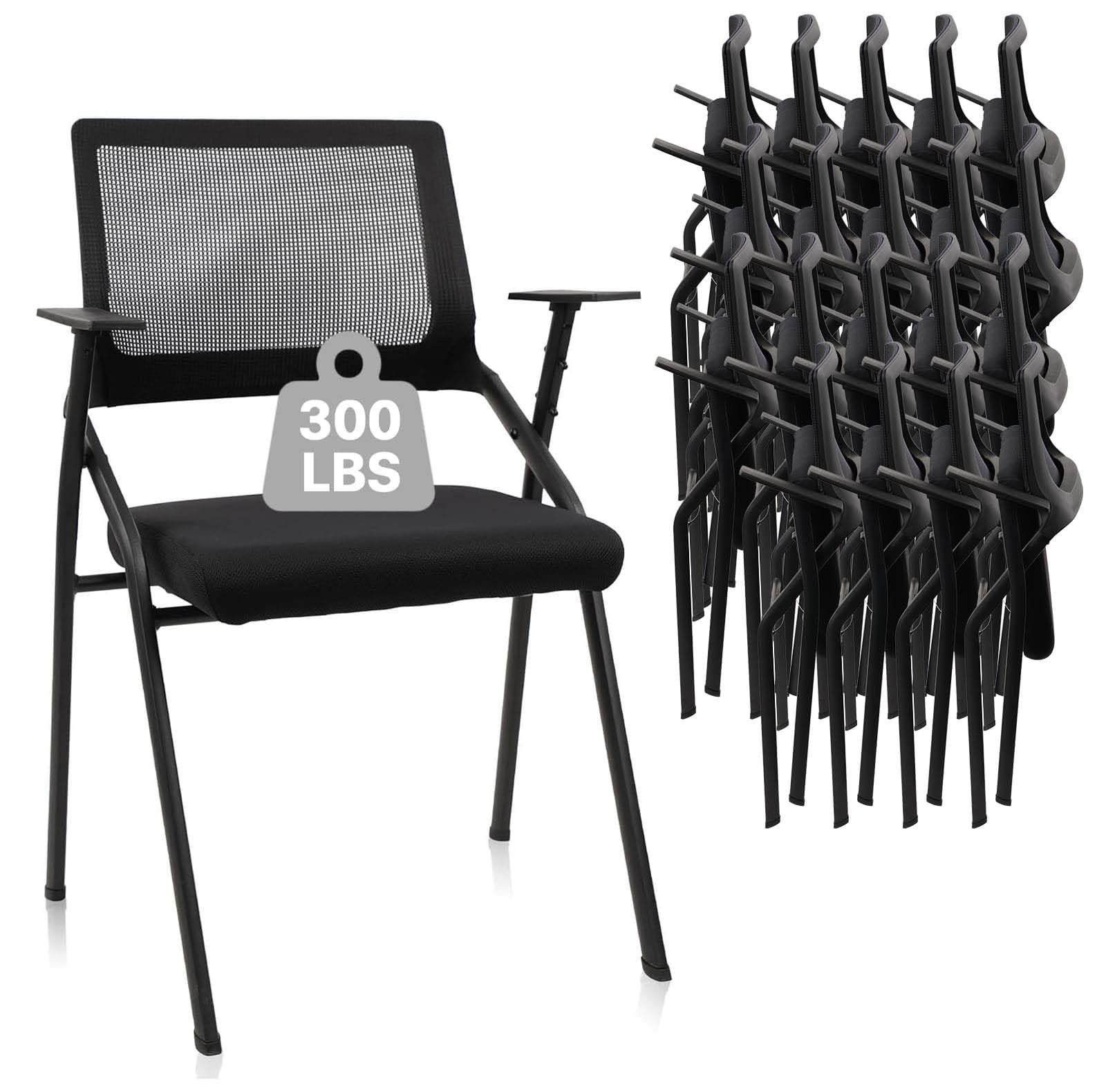 Black (20 pk) Stackable & Foldable Office Chairs with Ergonomic Lumbar Support and Thickened Seat Cushion, Folding Mesh Fabric Reception Guest Chair for School Church Conference Waiting Room