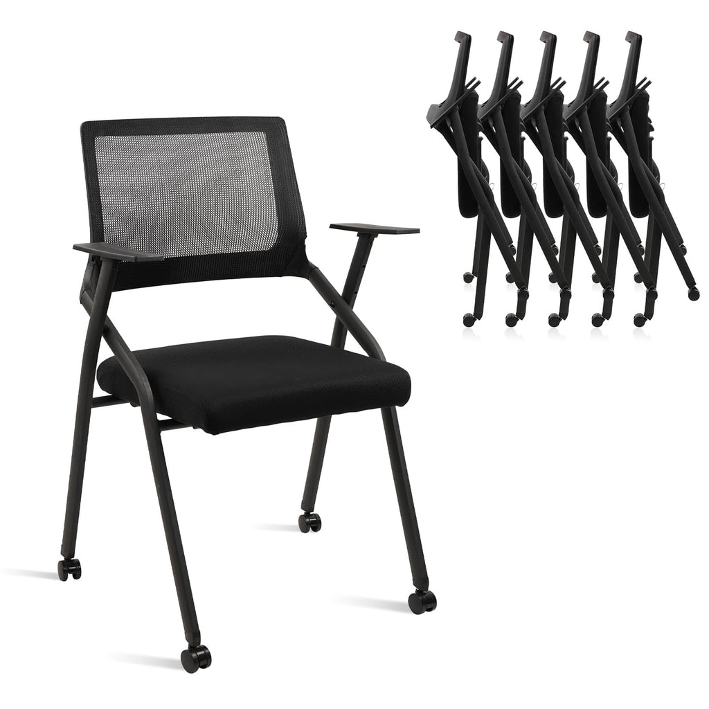 (6pk) Stackable Foldable Conference Room Chairs with Wheels, Portable Padded Office Desk Chair with Lumbar Support and Armrest for Training Room, Guest, Reception, Event, Black