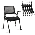 (6pk) Stackable Foldable Conference Room Chairs with Wheels, Portable Padded Office Desk Chair with Lumbar Support and Armrest for Training Room, Guest, Reception, Event, Black