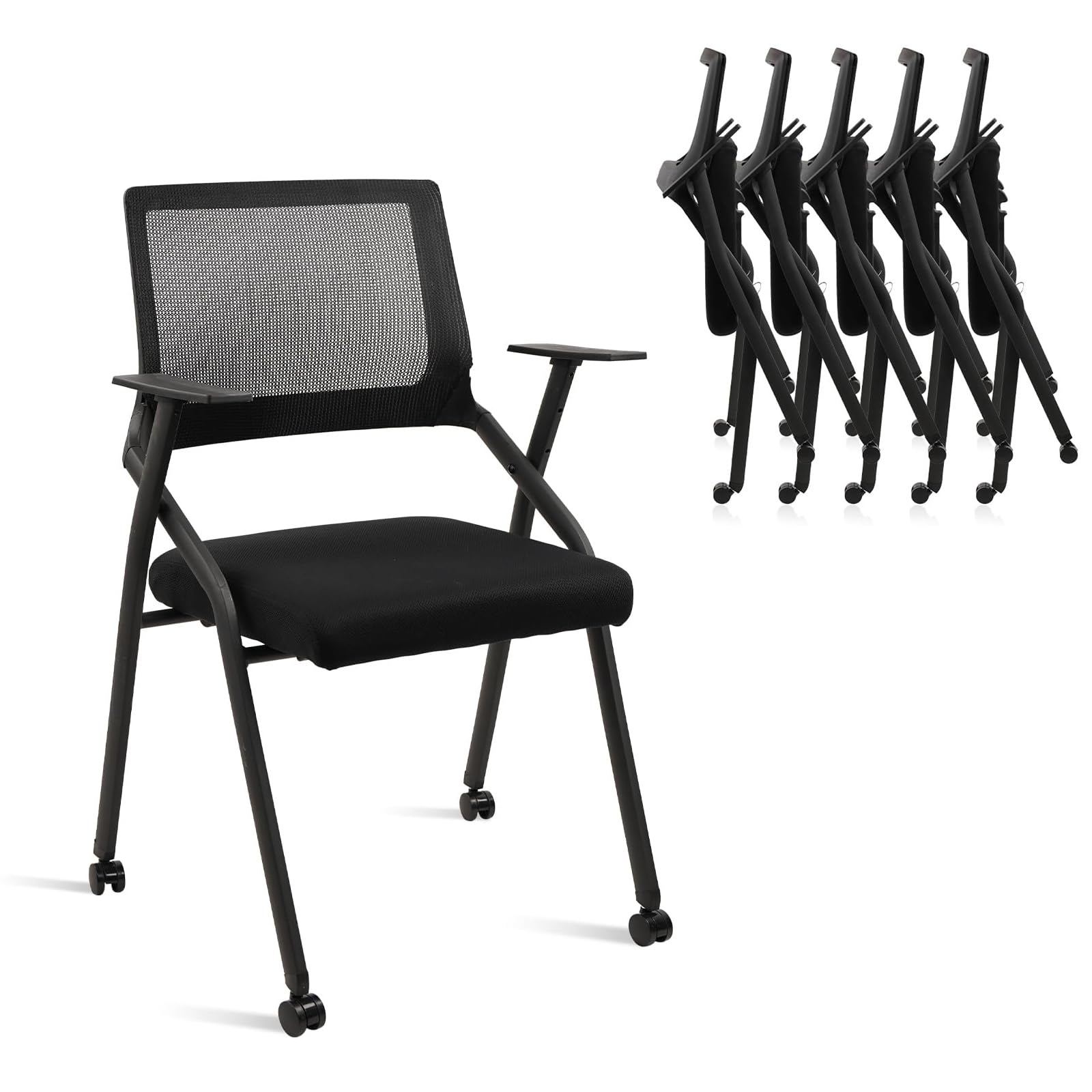 (6pk) Stackable Foldable Conference Room Chairs with Wheels, Portable Padded Office Desk Chair with Lumbar Support and Armrest for Training Room, Guest, Reception, Event, Black