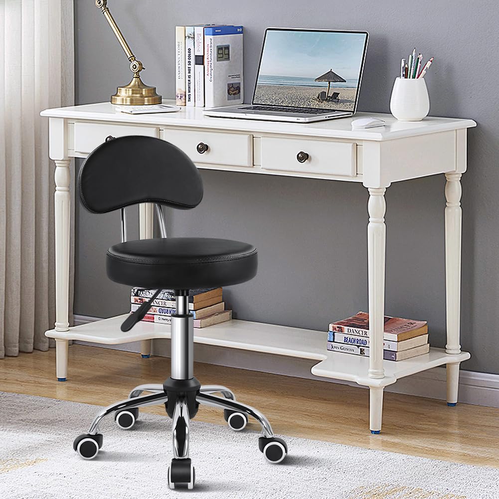 Rolling Stool with Mid Back Height Adjustable Chair PU Leather Swivel Chair with Wheels for Office Home Task Drafting (Black)