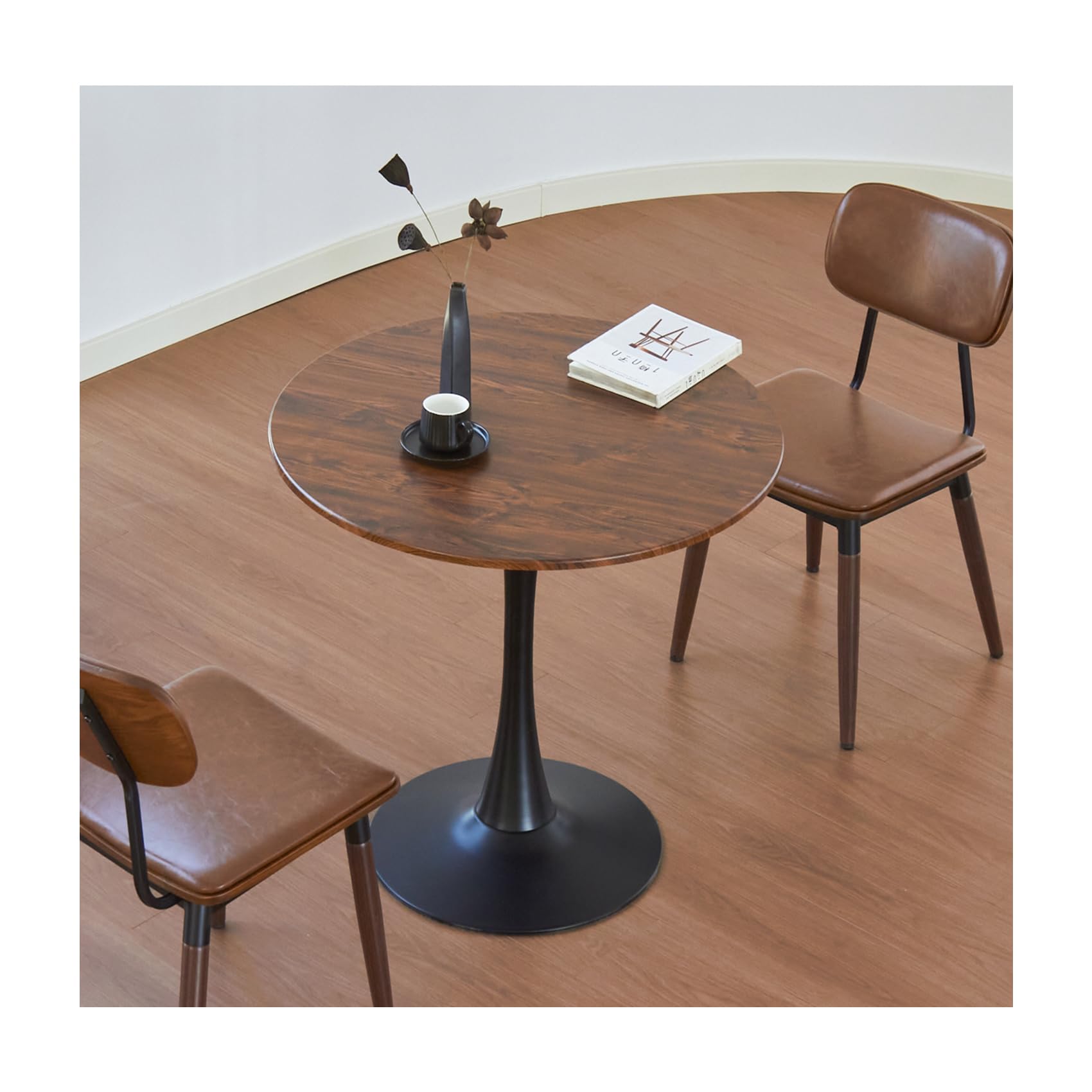Hansweld Round Dining Table, 24" Circle Tulip Table with Thickened Tabletop & Metal Pedestal, Mid Century Modern Bistro Table for Kitchen, Small Places, Living Room, Cafe (Brown)