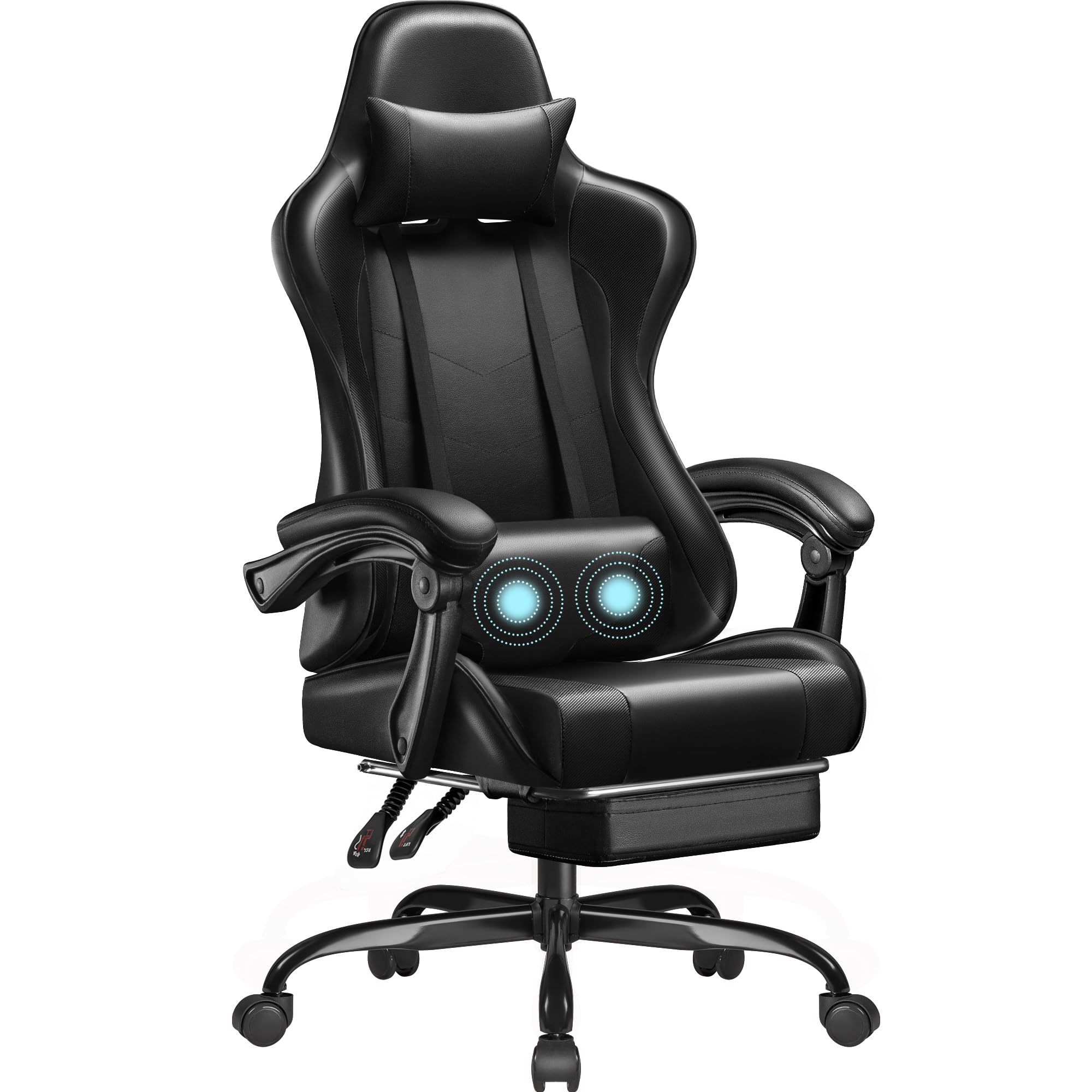 Gaming Chair, Video Game Chair with Footrest and Massage Lumbar Support, Ergonomic Computer Chair Height Adjustable with Swivel Seat and Headrest (Dark Black)