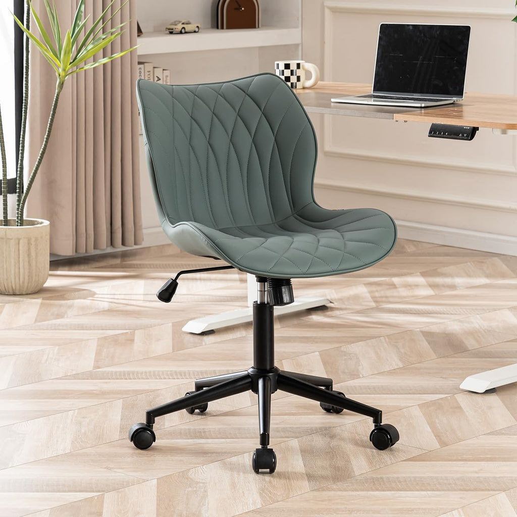 Armless Desk Chair Comfy Office Chair with Wheels Home Ergonomic Task Chair Adjustable Computer Chairs Modern Faux Leather Swivel Chair Upholstered Makeup Vanity Chair(Grayish Green)
