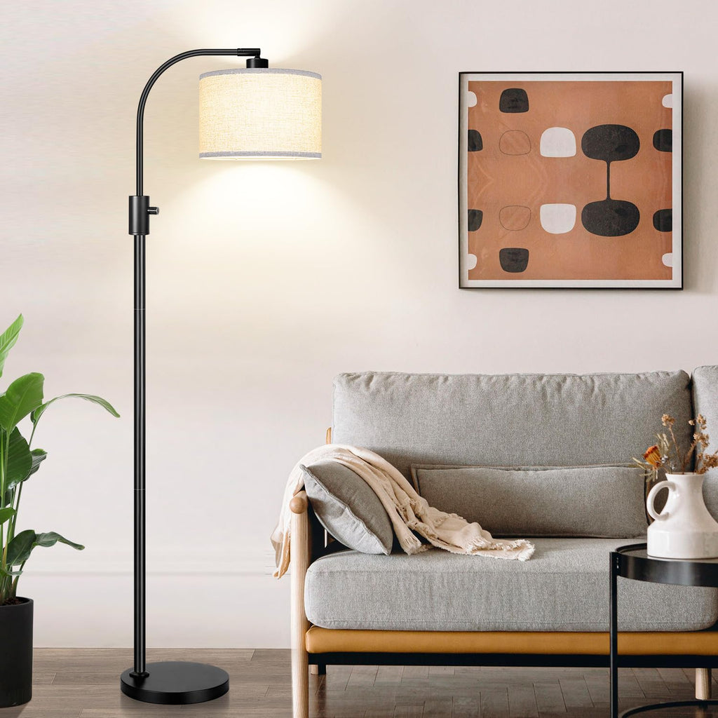 Upgraded Modern Arc Dimmable Tall Standing Floor Lamp with Linen Shade, 1200 Lumens LED Bulb Included, for Living & Reading Room, Bedroom, Office & Nursery, Matte Black