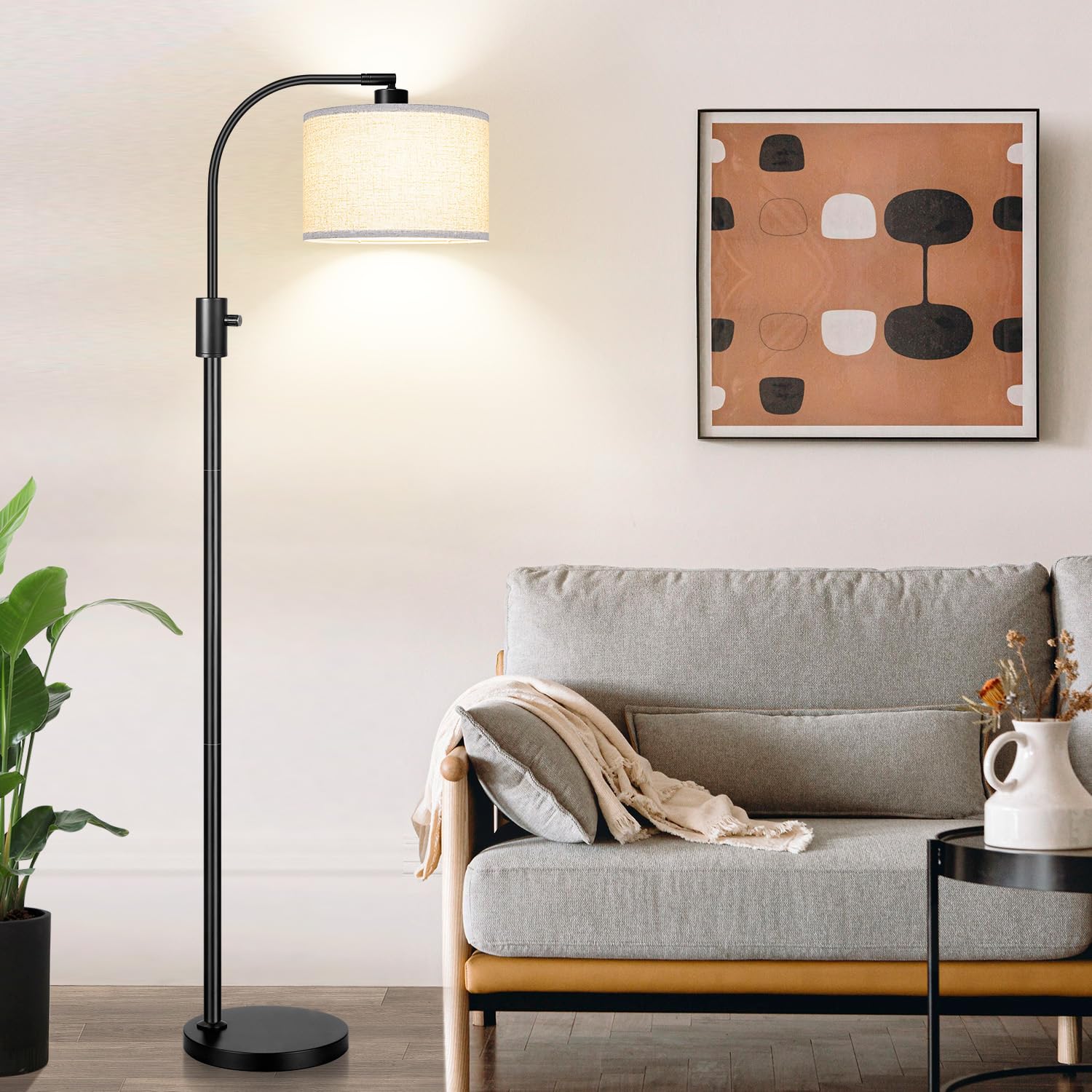 Upgraded Modern Arc Dimmable Tall Standing Floor Lamp with Linen Shade, 1200 Lumens LED Bulb Included, for Living & Reading Room, Bedroom, Office & Nursery, Matte Black