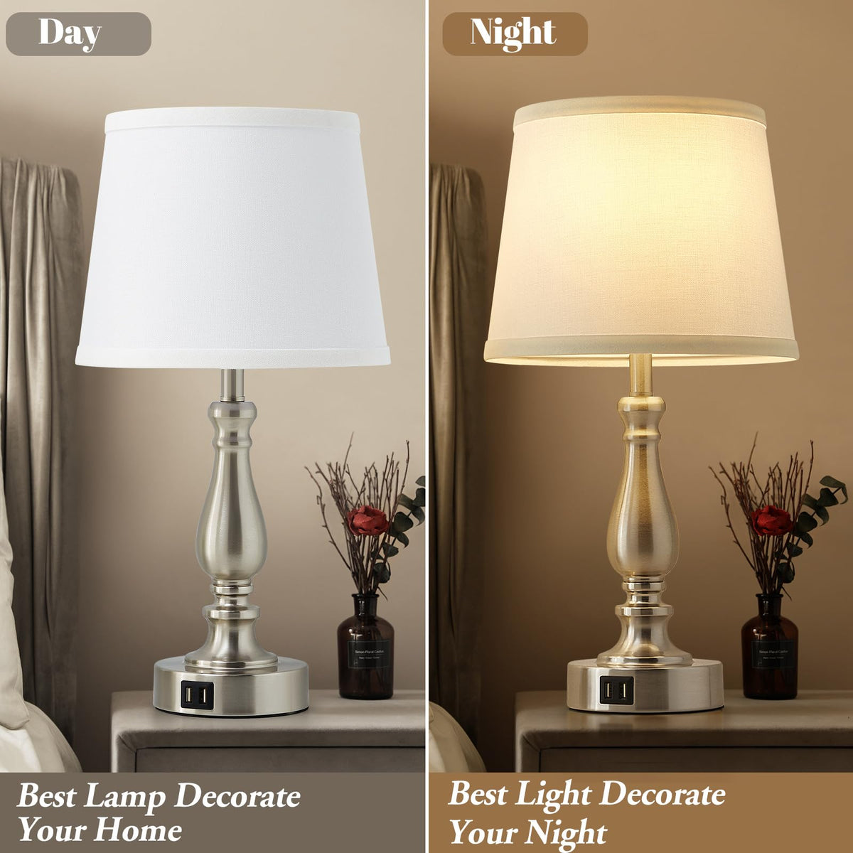 Table Lamps for Bedrooms Set of 2 - Touch Bedside Lamps with USB C+A Ports,Dimmable White Nightstand Lamps for End Tables, Farmhouse Night Stand Lamps for Living Room Bed Side Guest Room