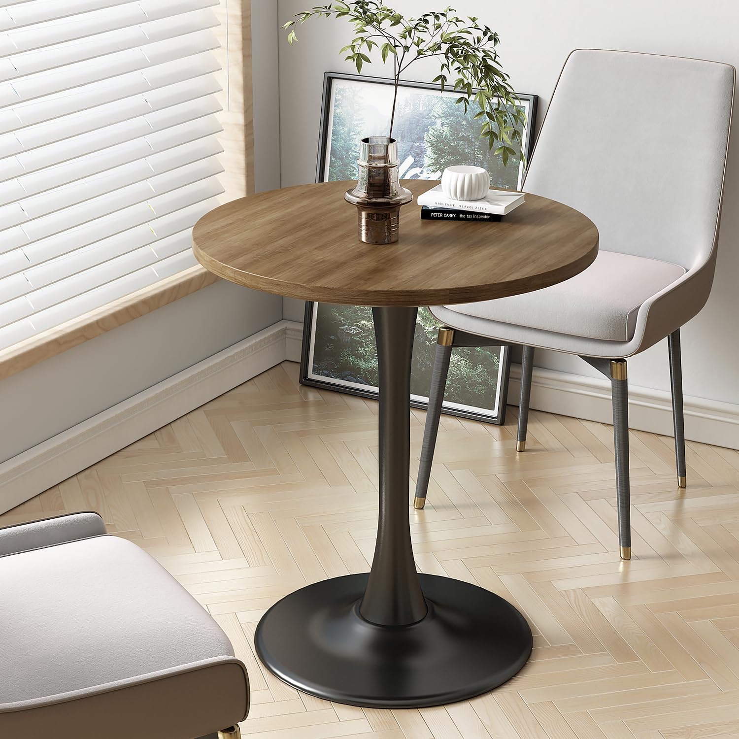 Kasinali Round Dining Table 27.5" Circle Tulip Table with Wood Thickened Tabletop & Sturdy Metal Pedestal Mid Century Modern Farmhouse Kitchen Tables for 4 Small Places Living Room Cafe,Somber Walnut
