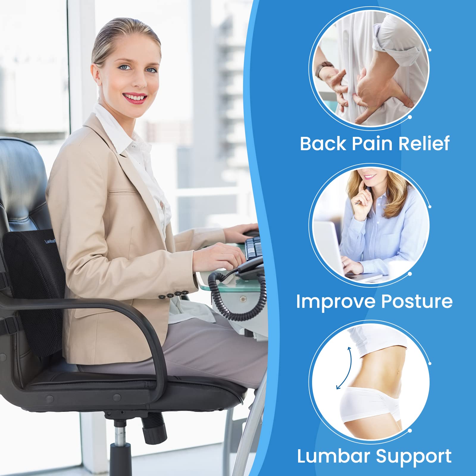 Lumbar Support Pillow for Office Chair Back Support Lumbar Pillow for Car, Gaming, Office Chair - Improve Sitting Posture & Back Pain Relief, Memory Foam, Adjustable Straps, Black