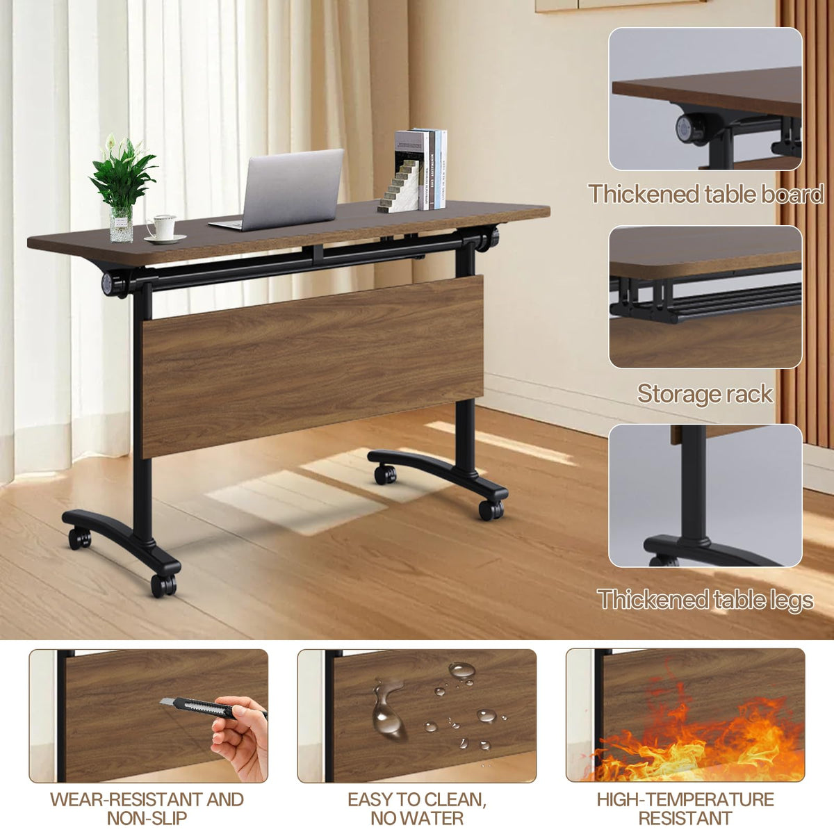 Folding Conference Table with Wheels, Flip-Top, 47.2in, 2 Pack, Walnut 1619