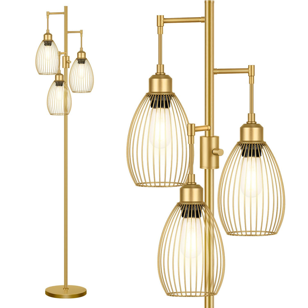 Floor Lamp, 3 x 800LM LED Edison Bulbs Included, Farmhouse Industrial Floor Lamp Standing Tree Lamp with Elegant Teardrop Cage Head Tall Lamp for Living Room Bedroom Office Dining Room - Gold