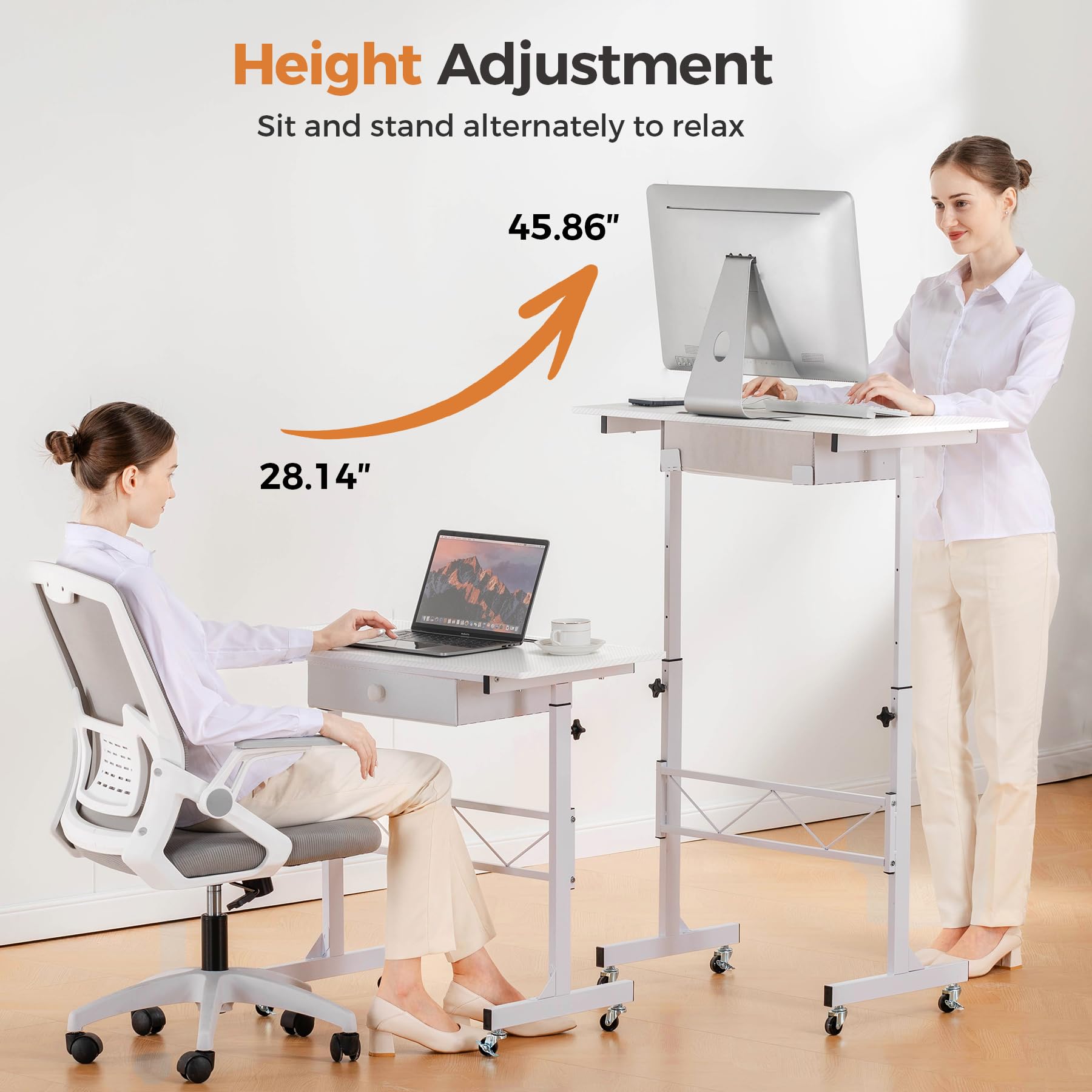 Portable Standing Desk Adjustable Height 30.7"-46.4", Standing Desk with Drawers, Mobile Rolling Computer Desk for Home Office Work and Walking Pad Treadmill, Carbon Fiber White