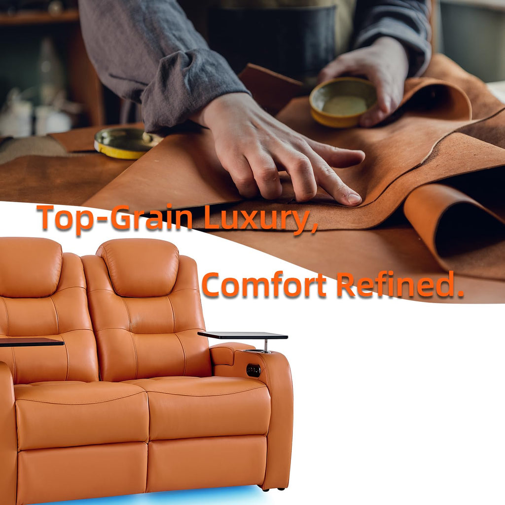 Home Theater Seating Simple Style Seats Top Grain Leather Loveseat Recliner Chair Dual Power Movie Theater Chairs Gaming Sofa with Tray Table (Orange, Row of 3 Loveseat Right)