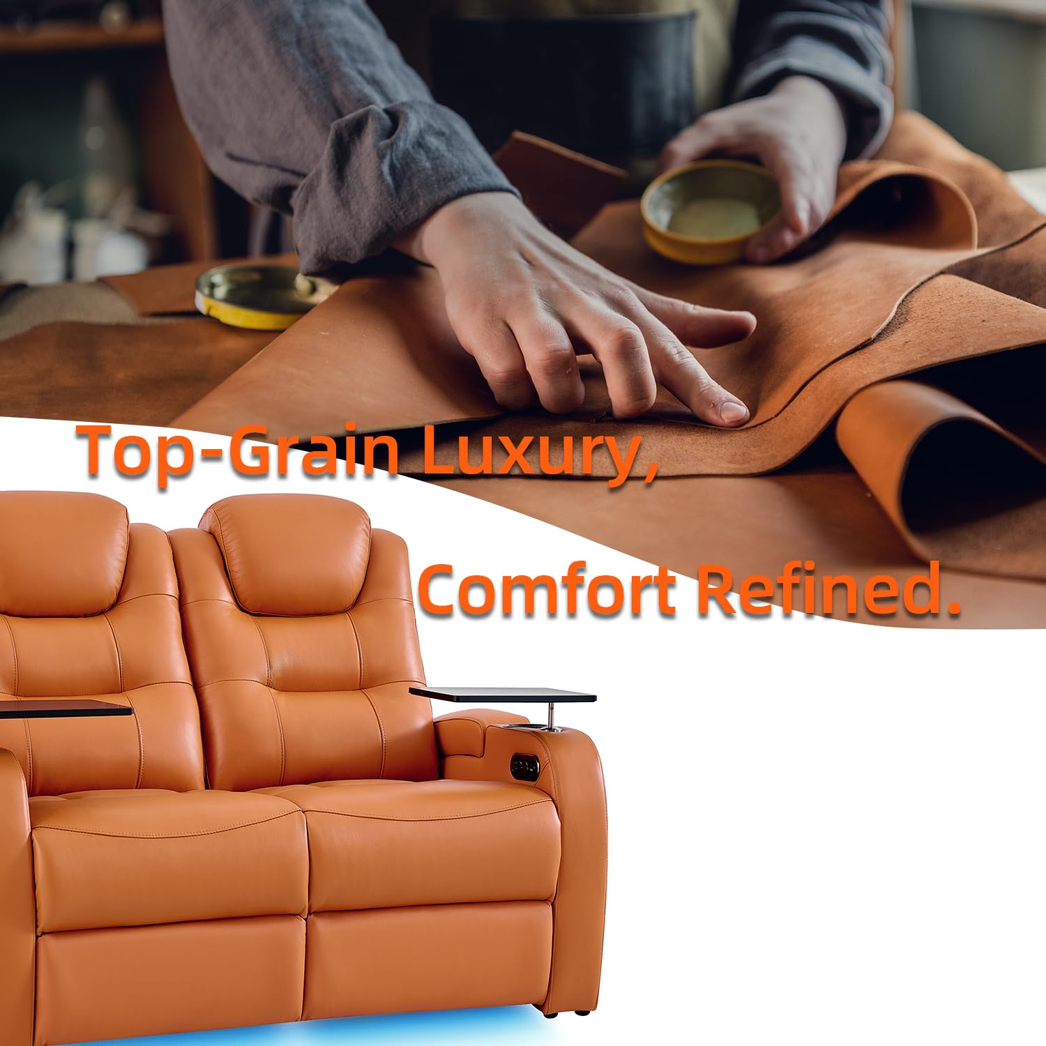 Home Theater Seating Simple Style Seats Top Grain Leather Loveseat Recliner Chair Dual Power Movie Theater Chairs Gaming Sofa with Tray Table (Orange, Row of 3 Loveseat Right)