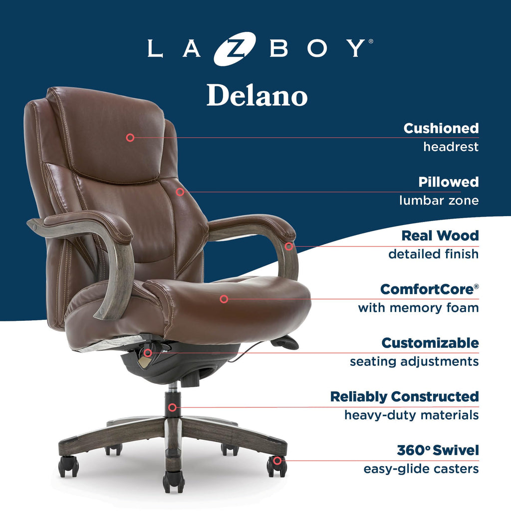 Delano Big and Tall Executive Office Chair - Ergonomic Lumbar Support Memory Foam - Bonded Leather Desk Chair for Home Office - Weathered Gray Wood Arms - Brown