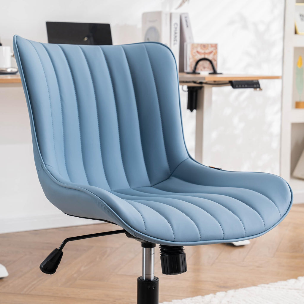 Blue Office Desk Chair with Wheels Comfy Armless Vanity Chair with Back Modern Small Faux Leather Upholstered Rolling Task Chair Cute Computer Drafting Sewing Chair Swivel Adjustable Compact