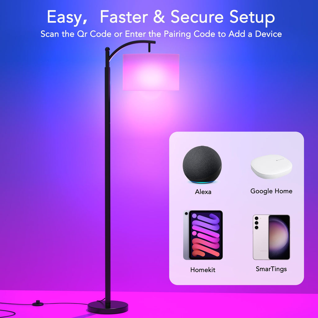Floor Lamps with Matter Smart Light Bulb, RGB + Color Temperatures Bright Dimmable Smart Floor lamp, Living Room Standing Tall Industrial Floor Lamp (Beige Lampshade Included) -Black