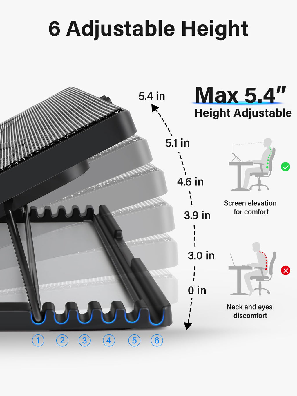 Laptop Cooling Pad, Laptop Cooler with 5 Quiet Fans for 12"-17" Computer PC Notebook Gaming Laptop Fan, Height Adjustable Laptop Cooling Stand Laptop Accessories, Blue