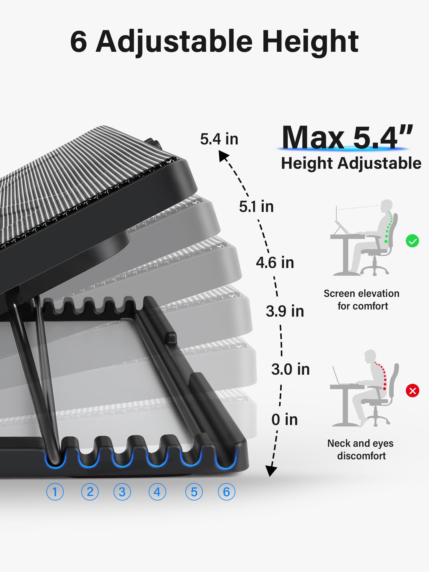 Laptop Cooling Pad, Laptop Cooler with 5 Quiet Fans for 12"-17" Computer PC Notebook Gaming Laptop Fan, Height Adjustable Laptop Cooling Stand Laptop Accessories, Blue