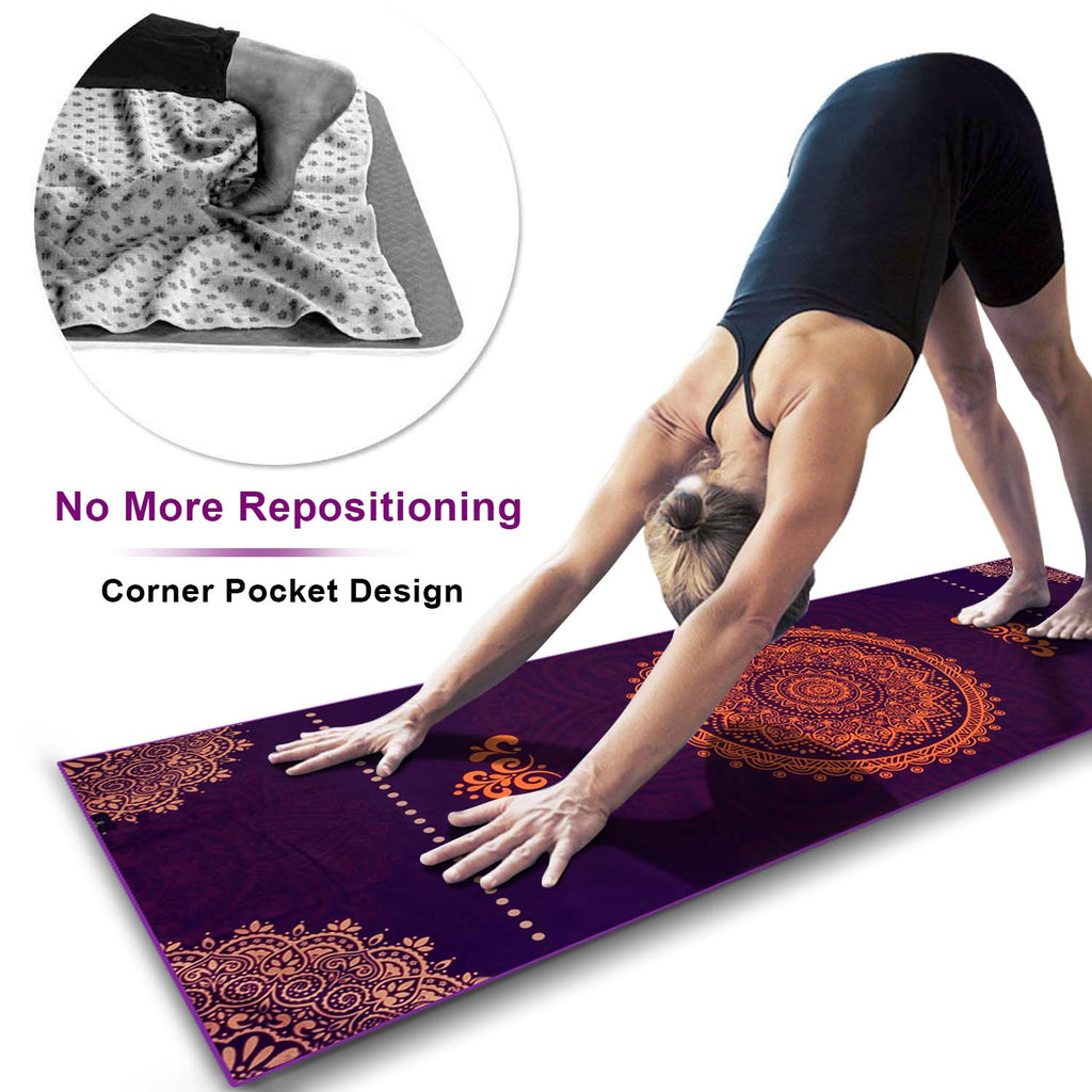 Non Slip Hot Yoga Towel, 100% Microfiber Non Slip Yoga Mat Towel for Hot Yoga, Pilates and Fitness, Exclusive Corner Pockets Design + Free Spray Bottle