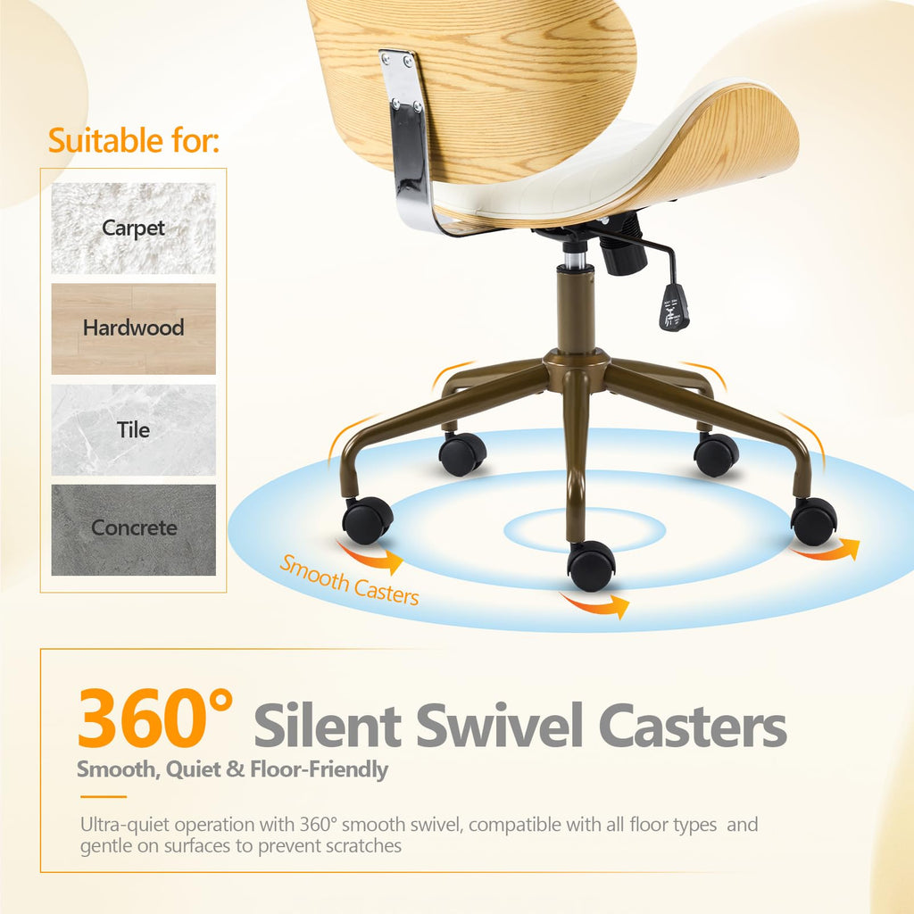 Wide Comfotable Swivel Home Office Chair with Wood-Grain Curved Shell,Ergomomic Mid-Back Padded Armless Rolling Desk Chair with Wheels,Height Adjustable for Computer,Task,Work,PU Leather,White