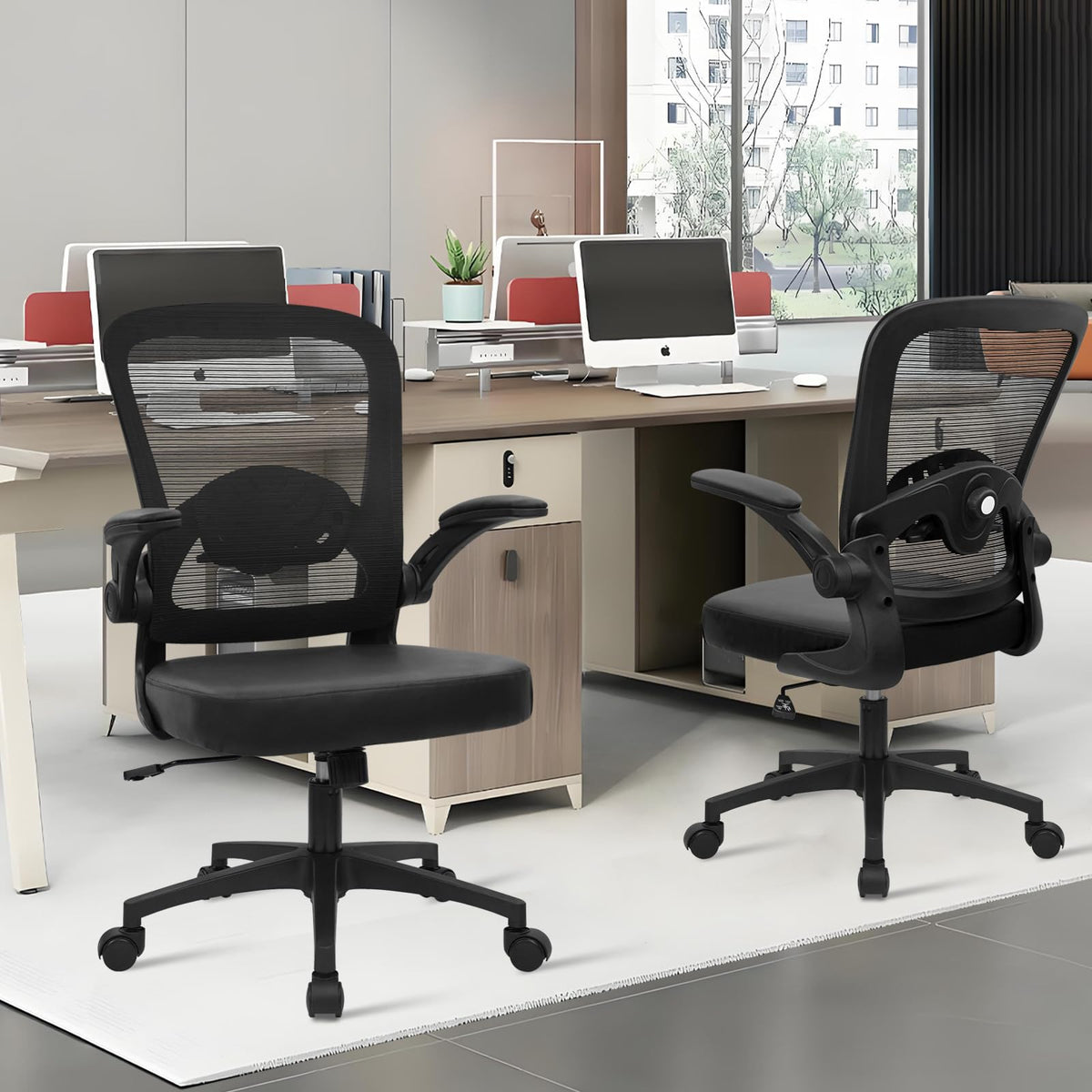 Desk Chairs with Wheels, Ergonomic Mesh Back PU Leather Seat Home Office Chair Adjustable Lumbar Support and Height Swivel Rolling Computer Task Chairs with Flip Up Arms for Conference, Black