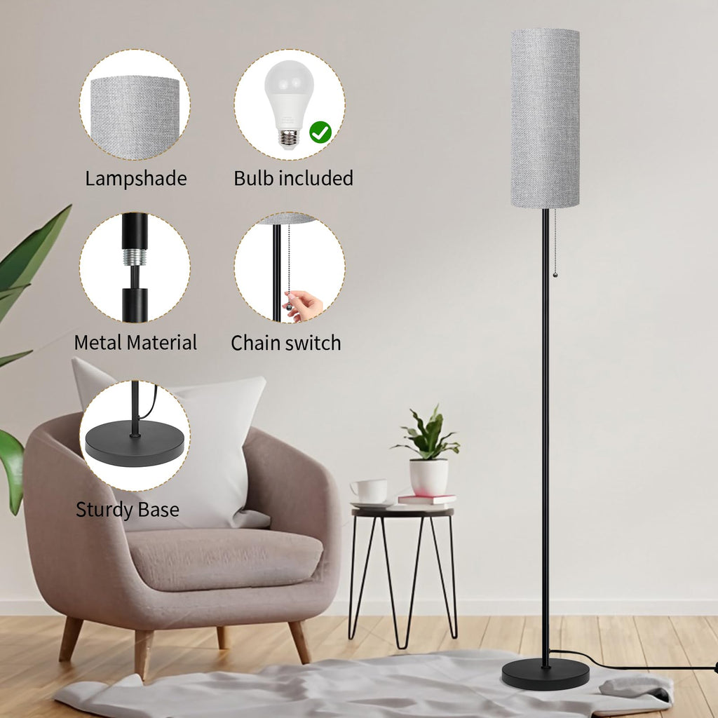 Floor Lamp for Living Room, Modern Standing Lamps with Lampshade, Minimalist Tall Lamp with Chain Switch for Living Room, LED Bulb Included (Gray Shade)
