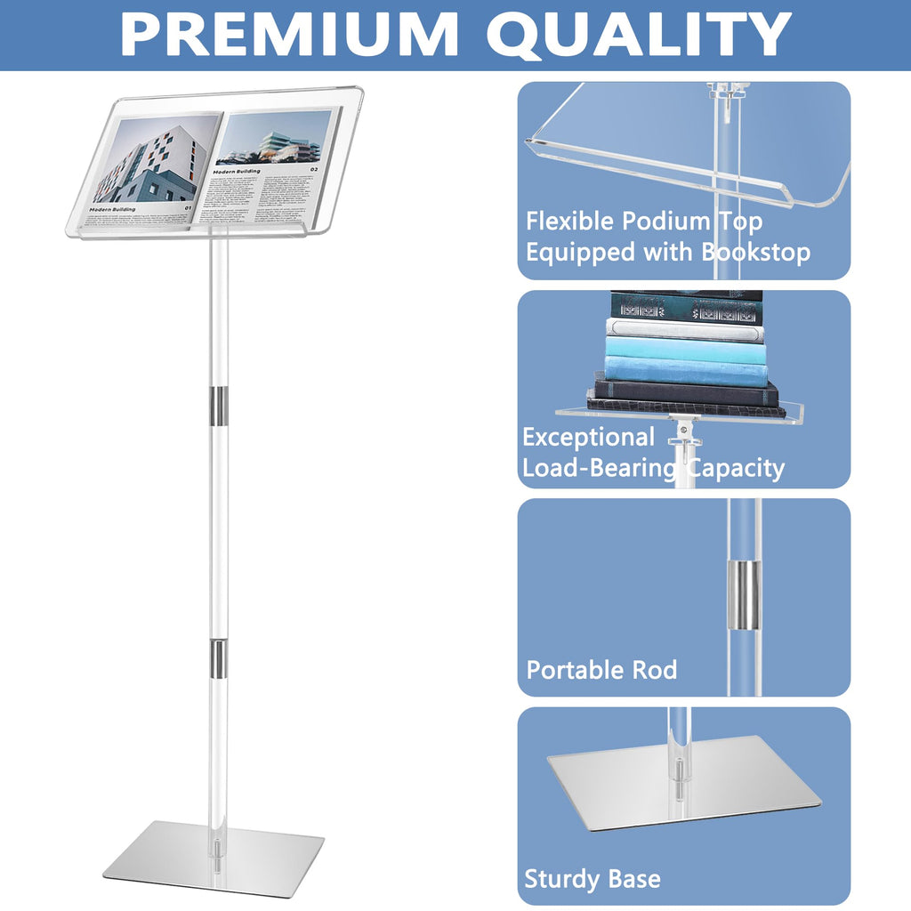 Podium Stand, Lecterns & Podiums, Acrylic Podium, Portable Podium Stand, Adjustable Angles with Metal Base, Podium for Classroom, Church, Weddings, Speech, 16" L x 12" W x 46" H, Clear