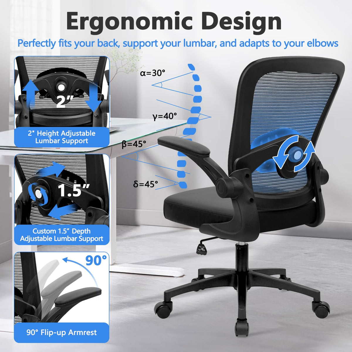 Desk Chairs with Wheels, Ergonomic Mesh Back PU Leather Seat Home Office Chair Adjustable Lumbar Support and Height Swivel Rolling Computer Task Chairs with Flip Up Arms for Conference, Black