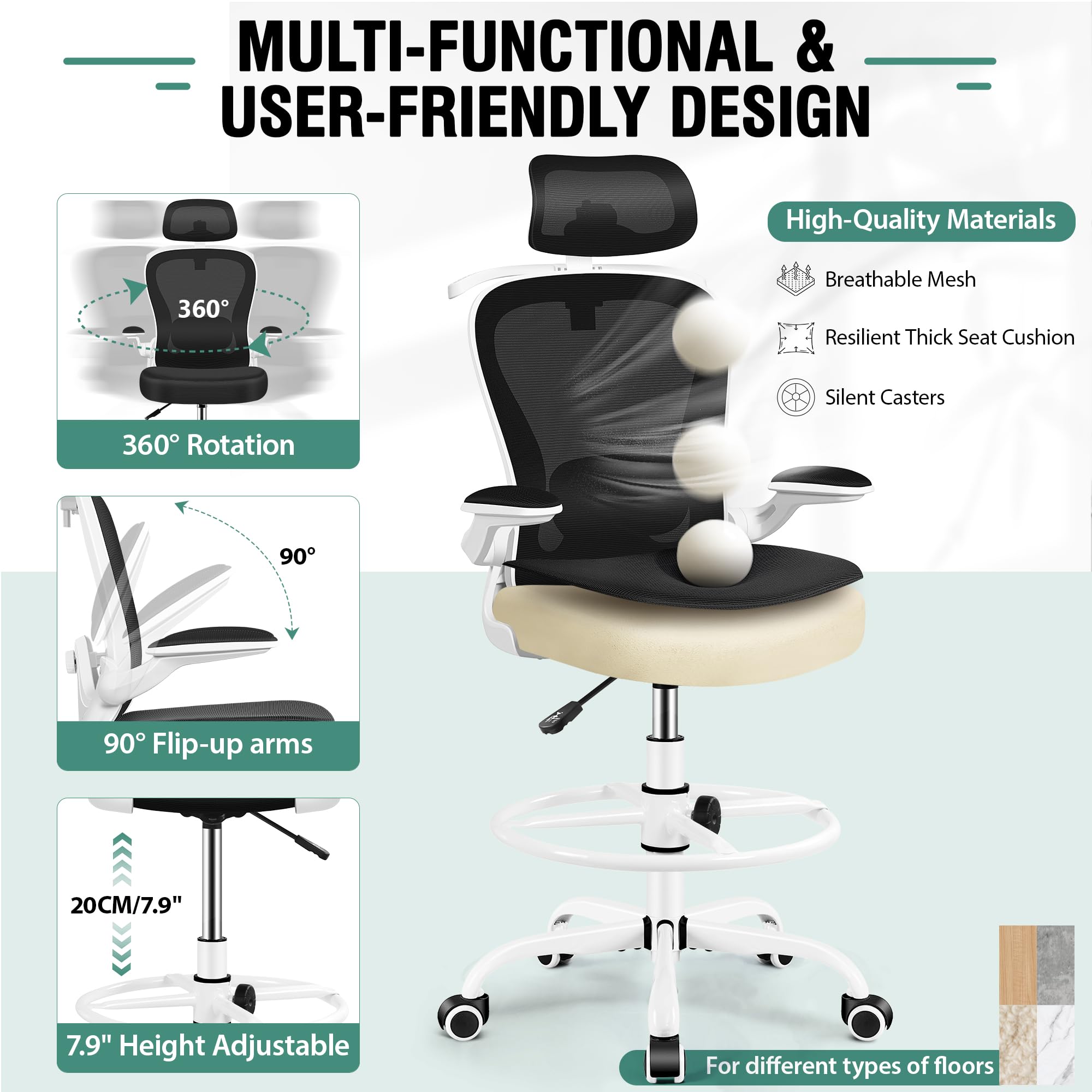 Drafting Chair, Tall Office Chair with 3D Lumbar & Head Support, Ergonomic Mesh Standing Desk Chair with Footring, Comfy Extended High Desk Chair with Flip-Up Arms & Hanger,White
