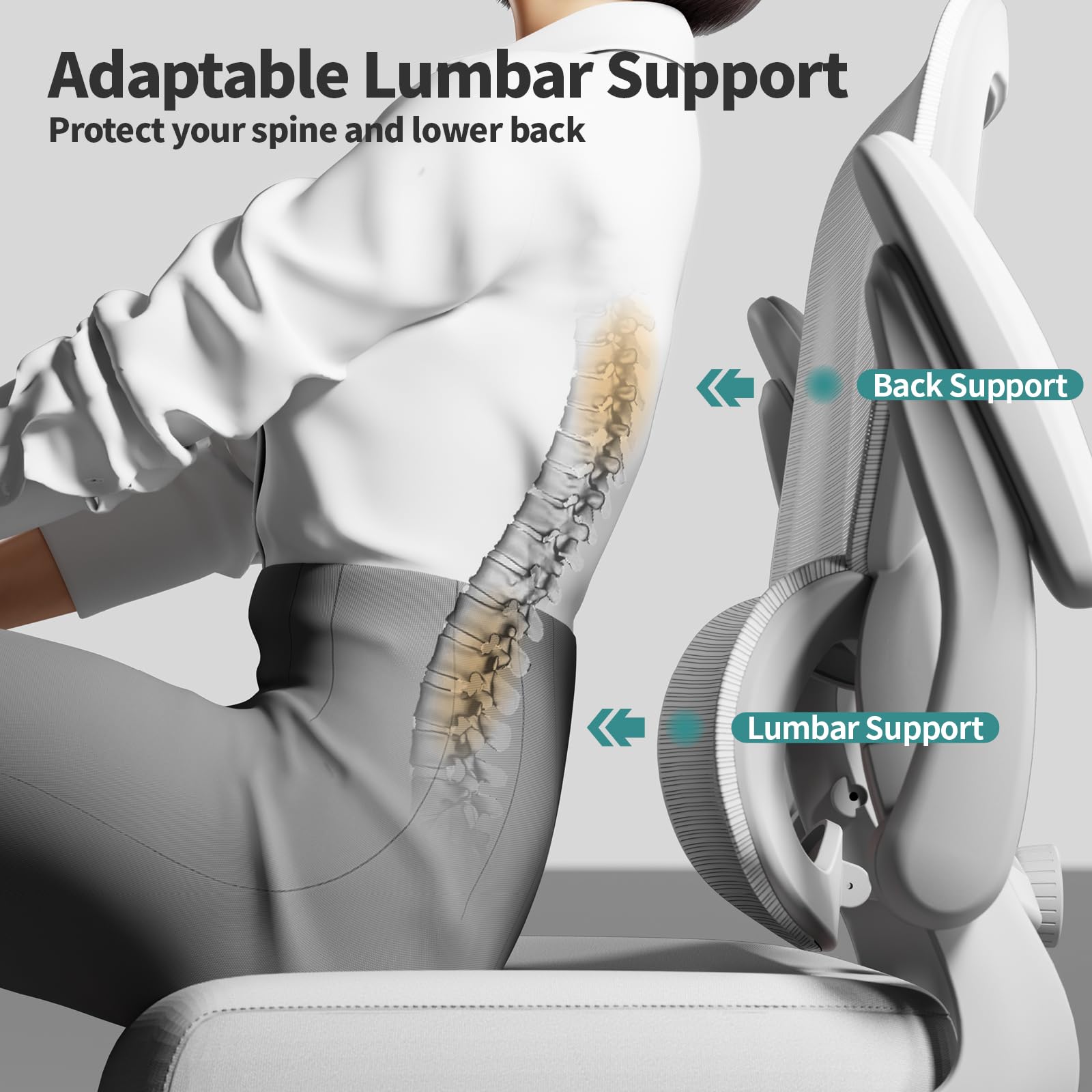 Office Chair - Ergonomic Desk Chair with Adjustable Lumbar Support, Mesh Computer Chair, Executive Chairs for Home Office Comfortable Lumbar Support (Cloud White)