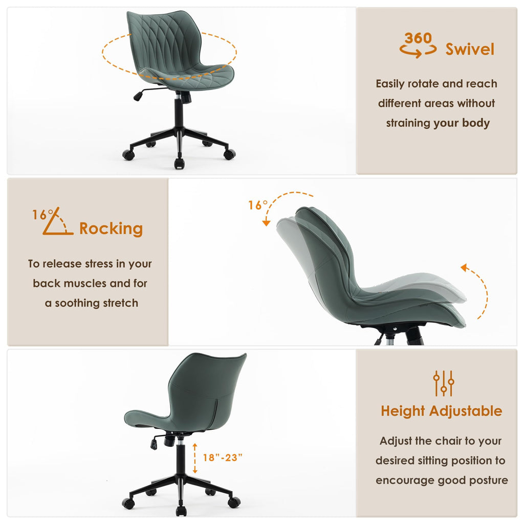 Armless Desk Chair Comfy Office Chair with Wheels Home Ergonomic Task Chair Adjustable Computer Chairs Modern Faux Leather Swivel Chair Upholstered Makeup Vanity Chair(Grayish Green)
