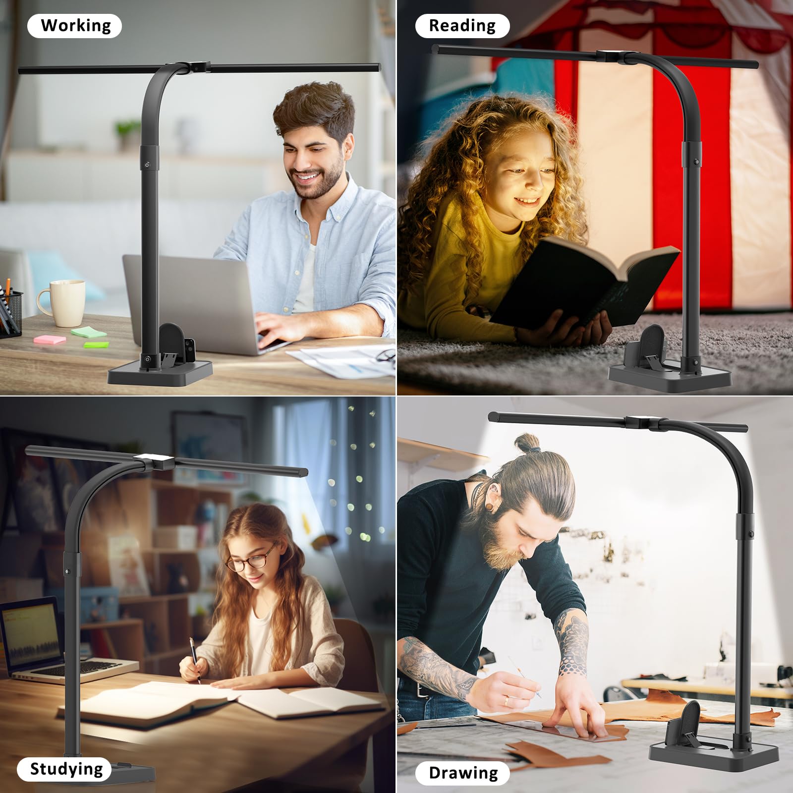 Double Head LED Desk Lamp, Architect Desk Lamps for Office, 24W Brightest Workbench Office Lighting-5 Color Modes and 5 Dimmable Eye Protection Modern Desk Lamp (Black-Desktop, Big)