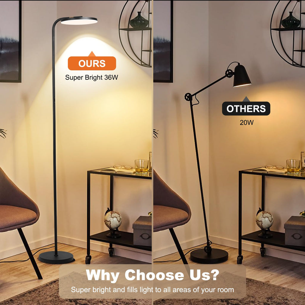 LED Floor Lamp – 36W Super Bright Standing Lamp with Remote & Touch Control, 350° Adjustable Head, Stepless Dimming & Color Temperature (3000K–6000K), Eye-Caring Light for Living Room, Bedroom, Office