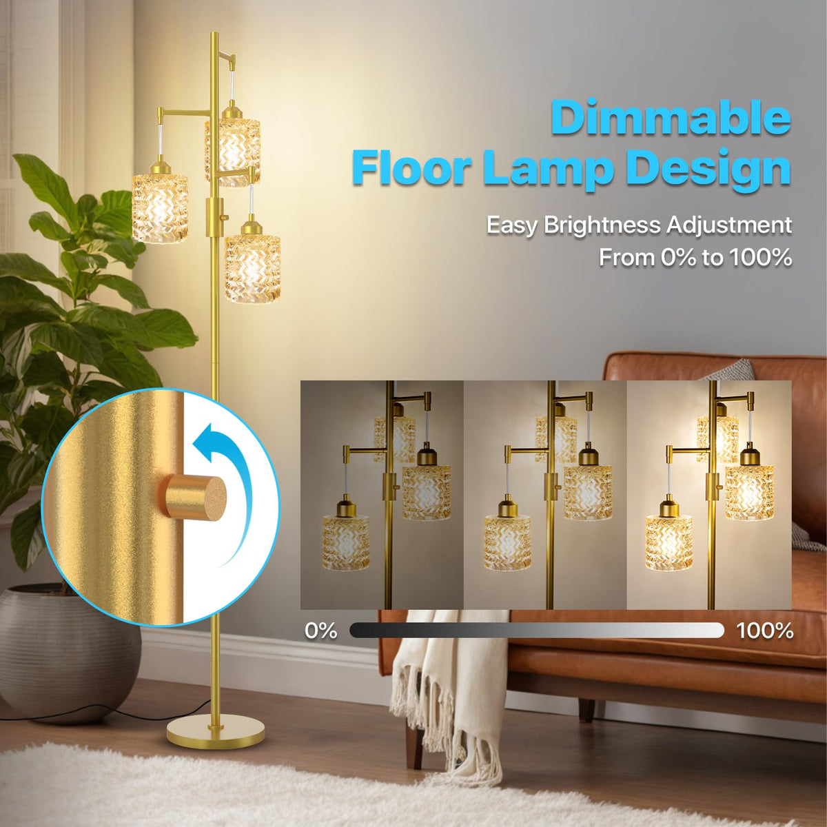 Gold Floor Lamp for Living Room, 3-Light Gold Glass Lampshades
