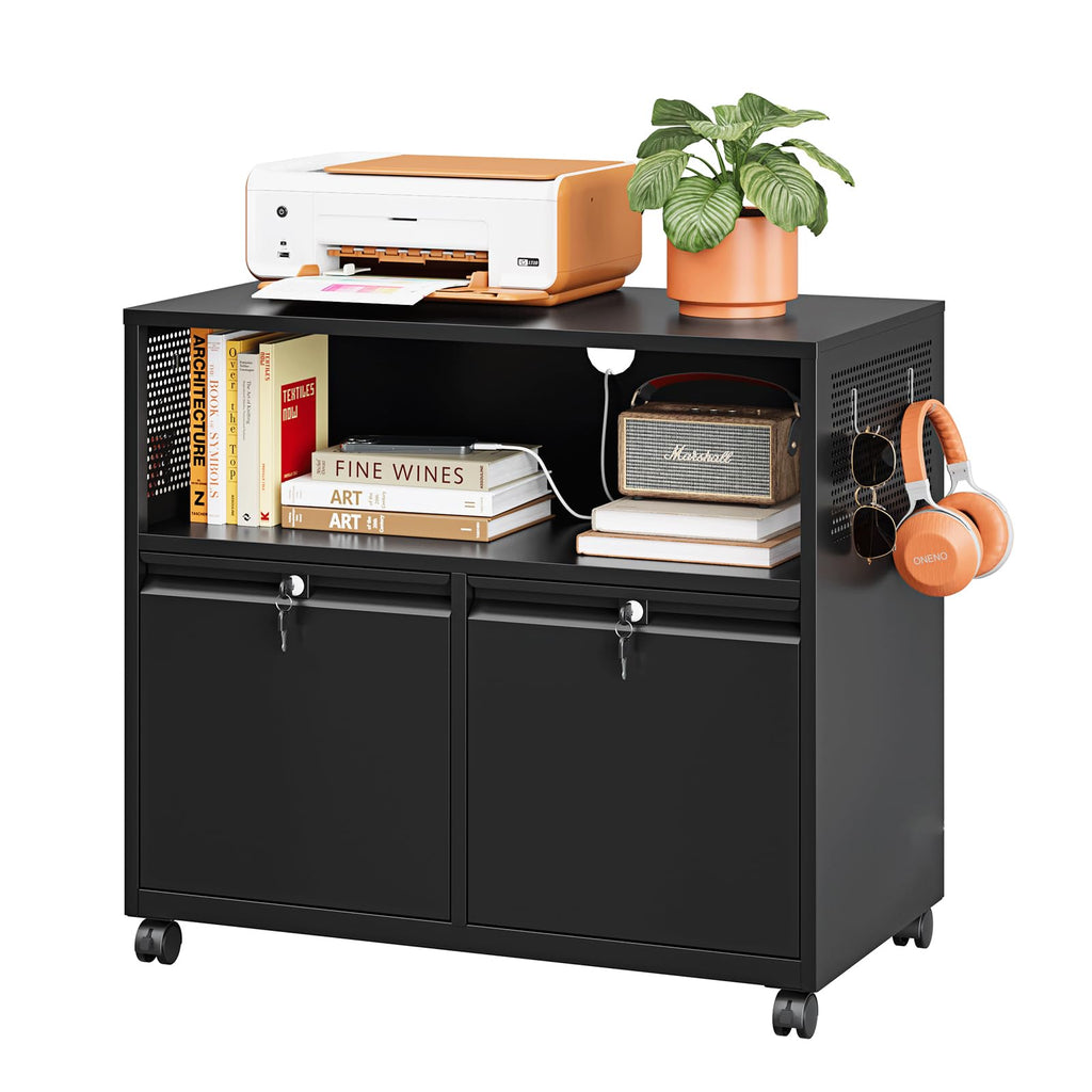 Metal File Cabinet,2 Drawer Filing Cabinet with Lock,Rolling Printer Stand Storage Cabinets with Shelves for Home Office Letter/Legal/A4 Size Files(Black)