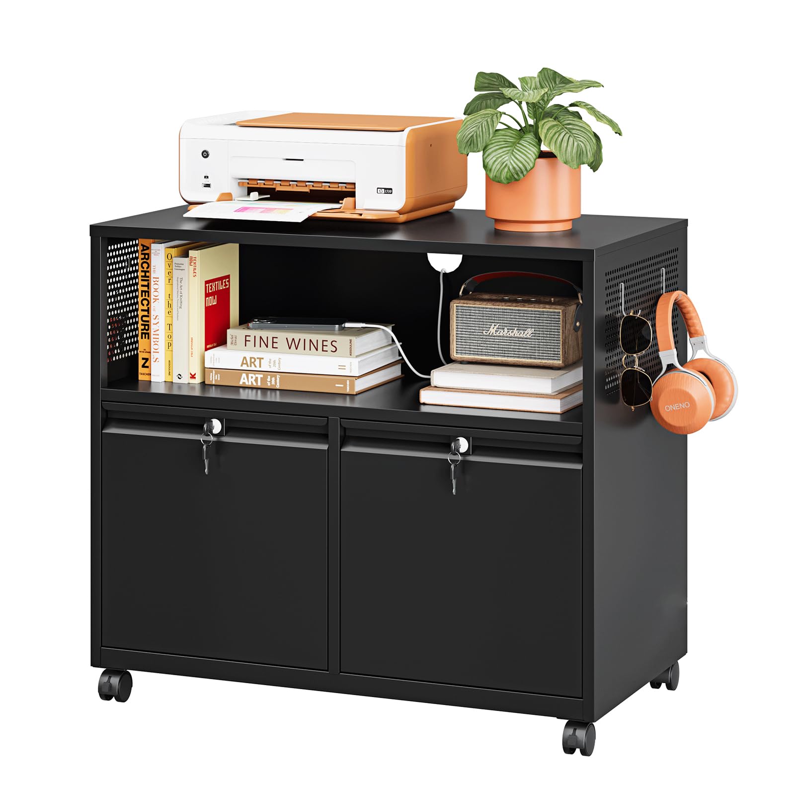 Metal File Cabinet,2 Drawer Filing Cabinet with Lock,Rolling Printer Stand Storage Cabinets with Shelves for Home Office Letter/Legal/A4 Size Files(Black)