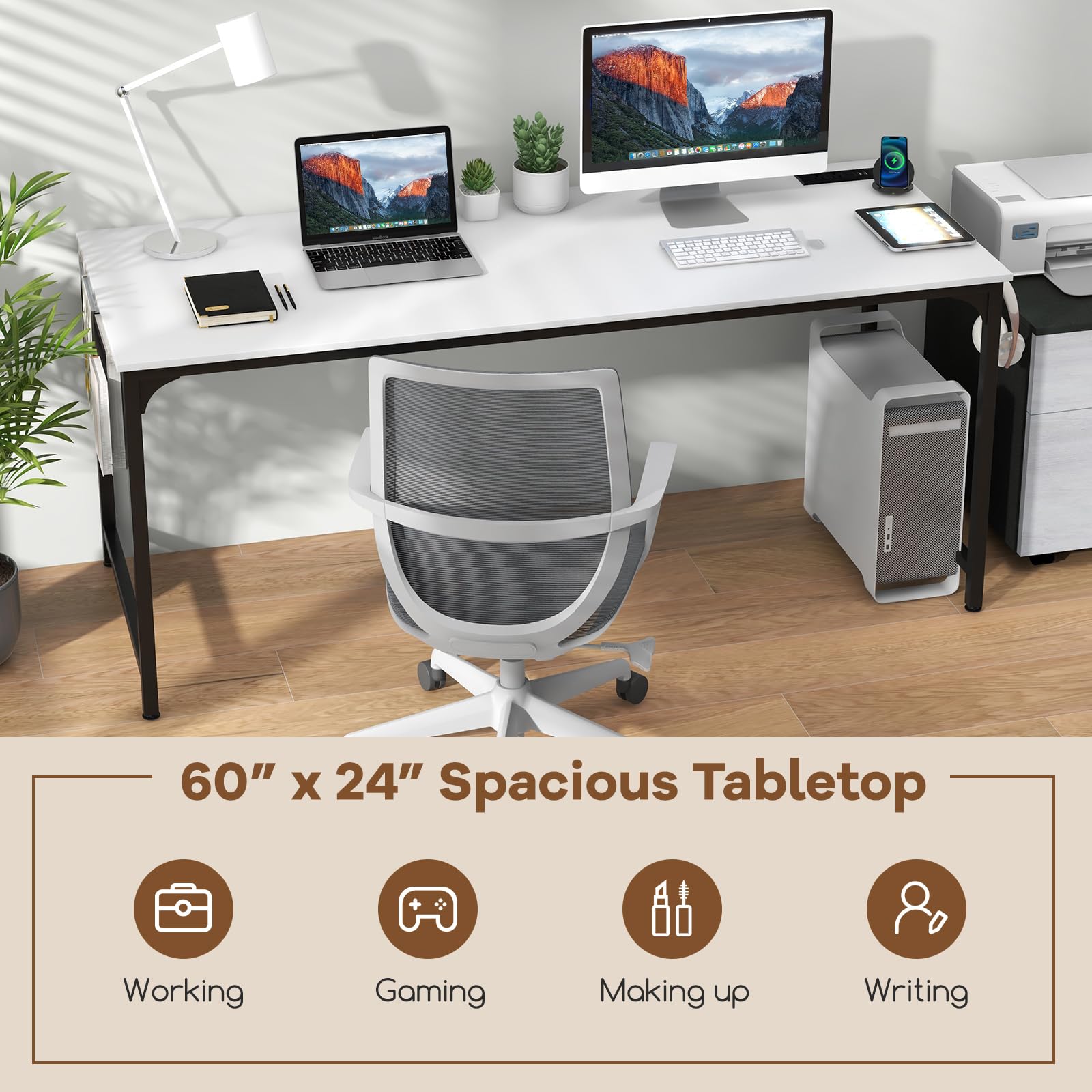 60" Conference Desk Set of 4, Modern Boardroom Desk with Storage Bag, Headphone Hook, Sturdy Metal Frame, Rectangular Seminar Table with Charging Station