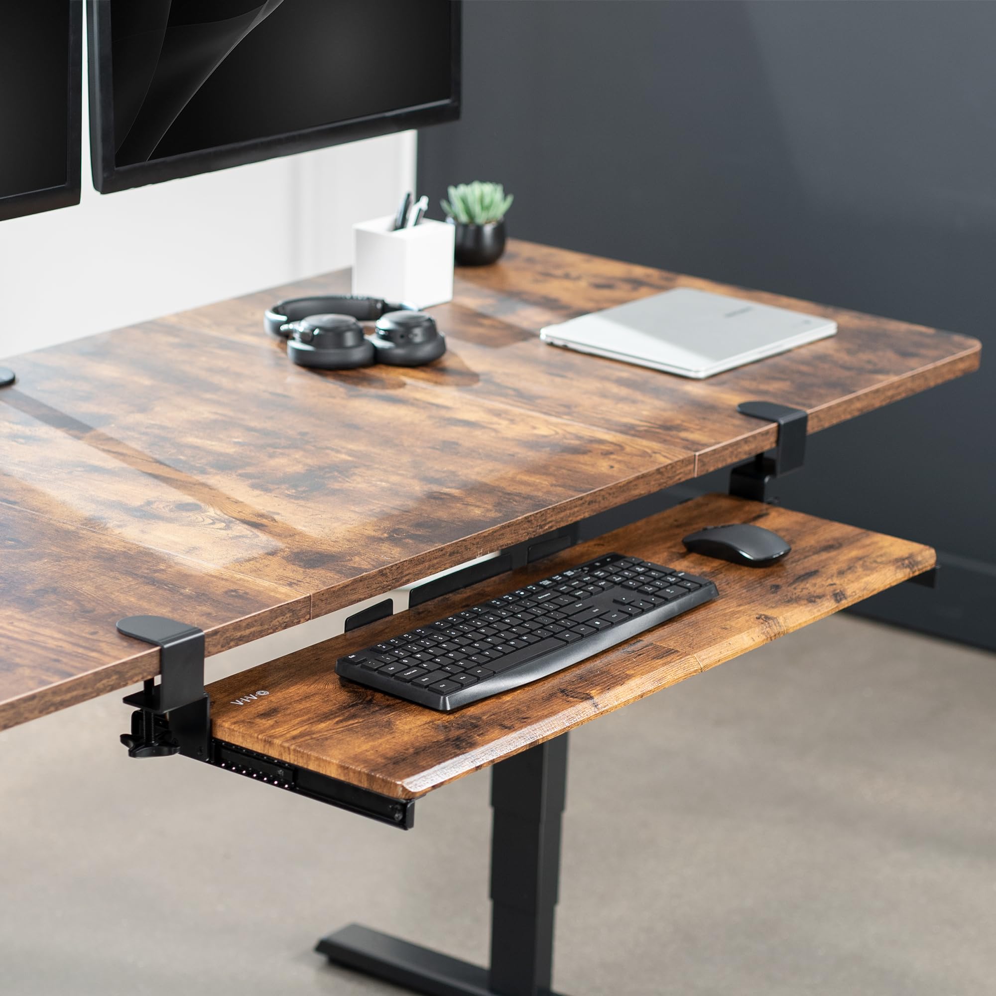 Extra Long Clamp-on Computer Keyboard and Mouse Under Desk Slider Tray, 34 x 11 inch Pull Out Platform Drawer, Rustic Vintage Brown