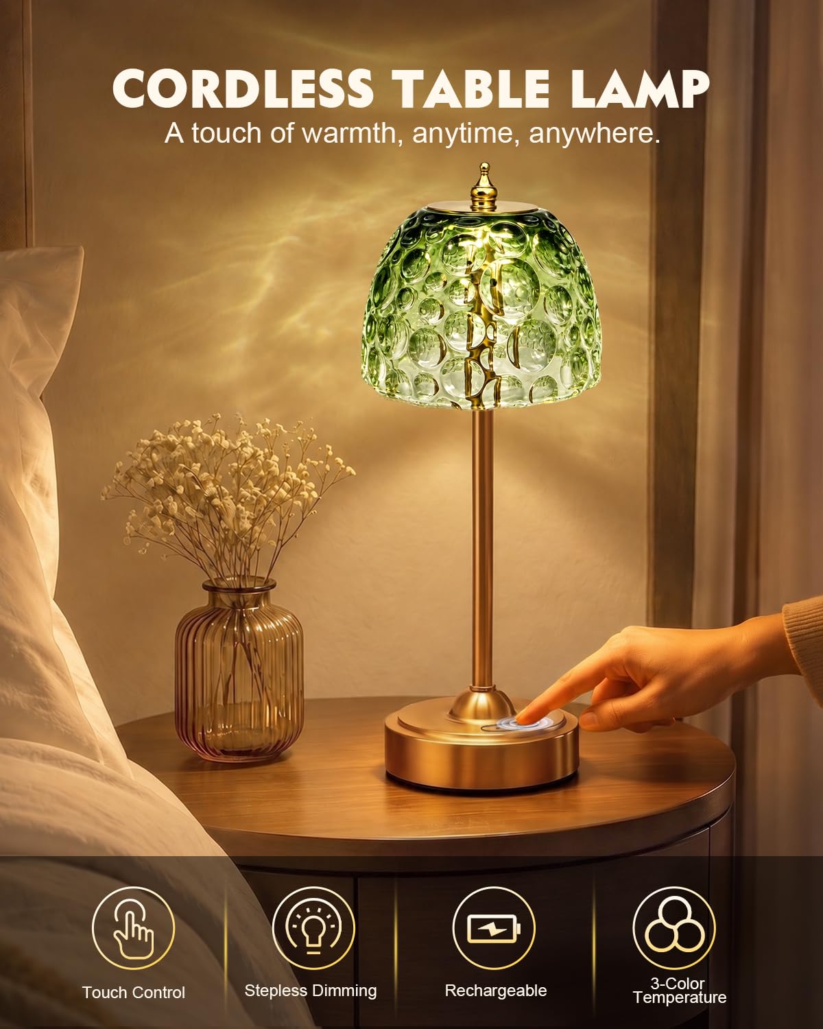 Cordless Glass Table Lamp, 5200mAh Small Rechargeable Touch Lamp
